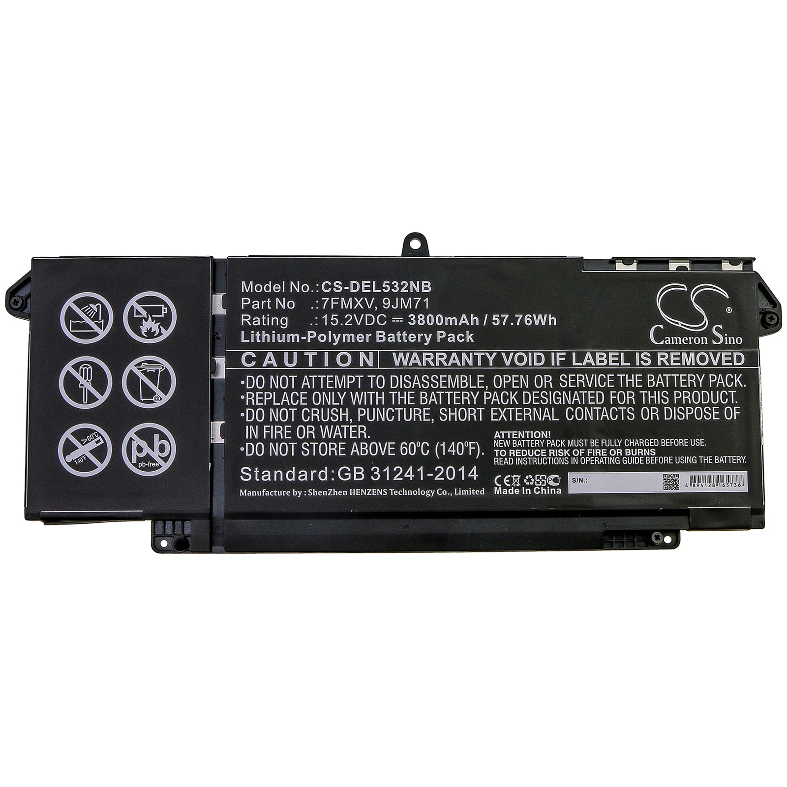 Li-Polymer Battery fits Dell, Latitude 5320, Latitude 7320, Latitude 7420 15.2V, 3800mAh Notebook & Laptop Cameron Sino Technology Limited