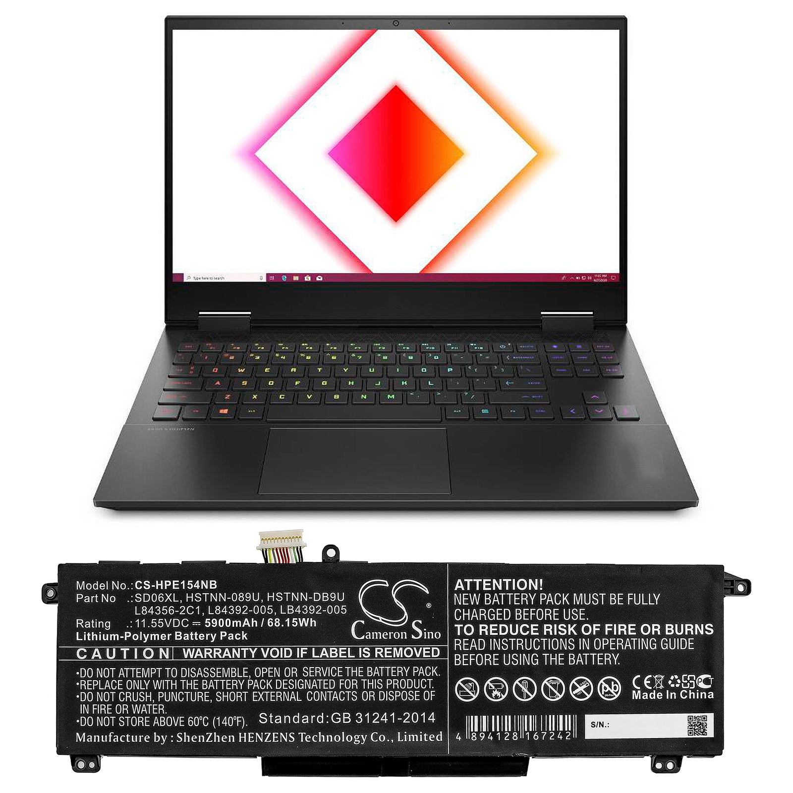 Li-Polymer Battery fits Hp, Omen 15 2020, Omen 15-ek0000, Omen 15-ek0001tx 11.55V, 5900mAh Notebook & Laptop Cameron Sino Technology Limited