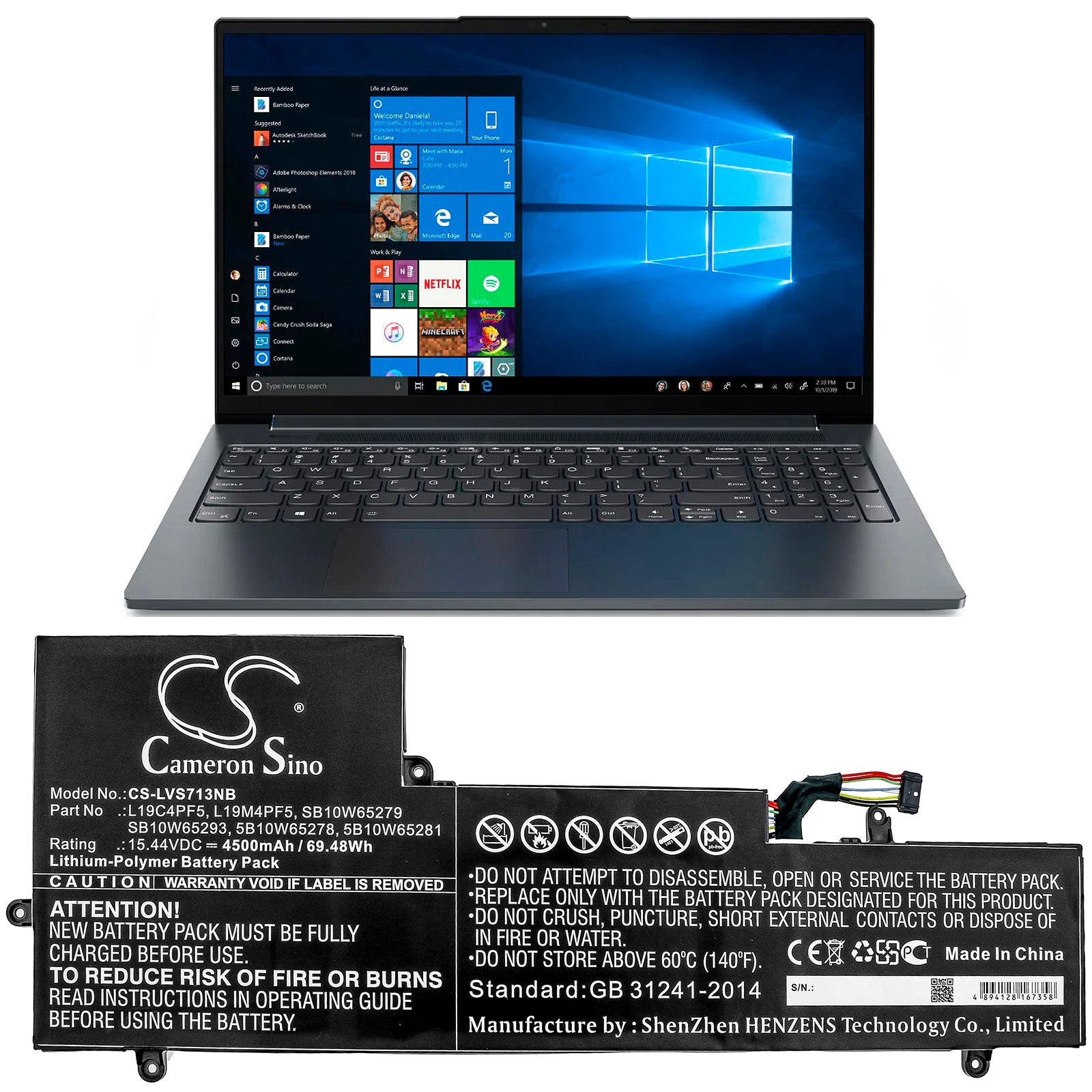 Li-Polymer Battery fits Lenovo, Yoga Slim 7-15iil 15.44V, 4500mAh Notebook & Laptop Cameron Sino Technology Limited