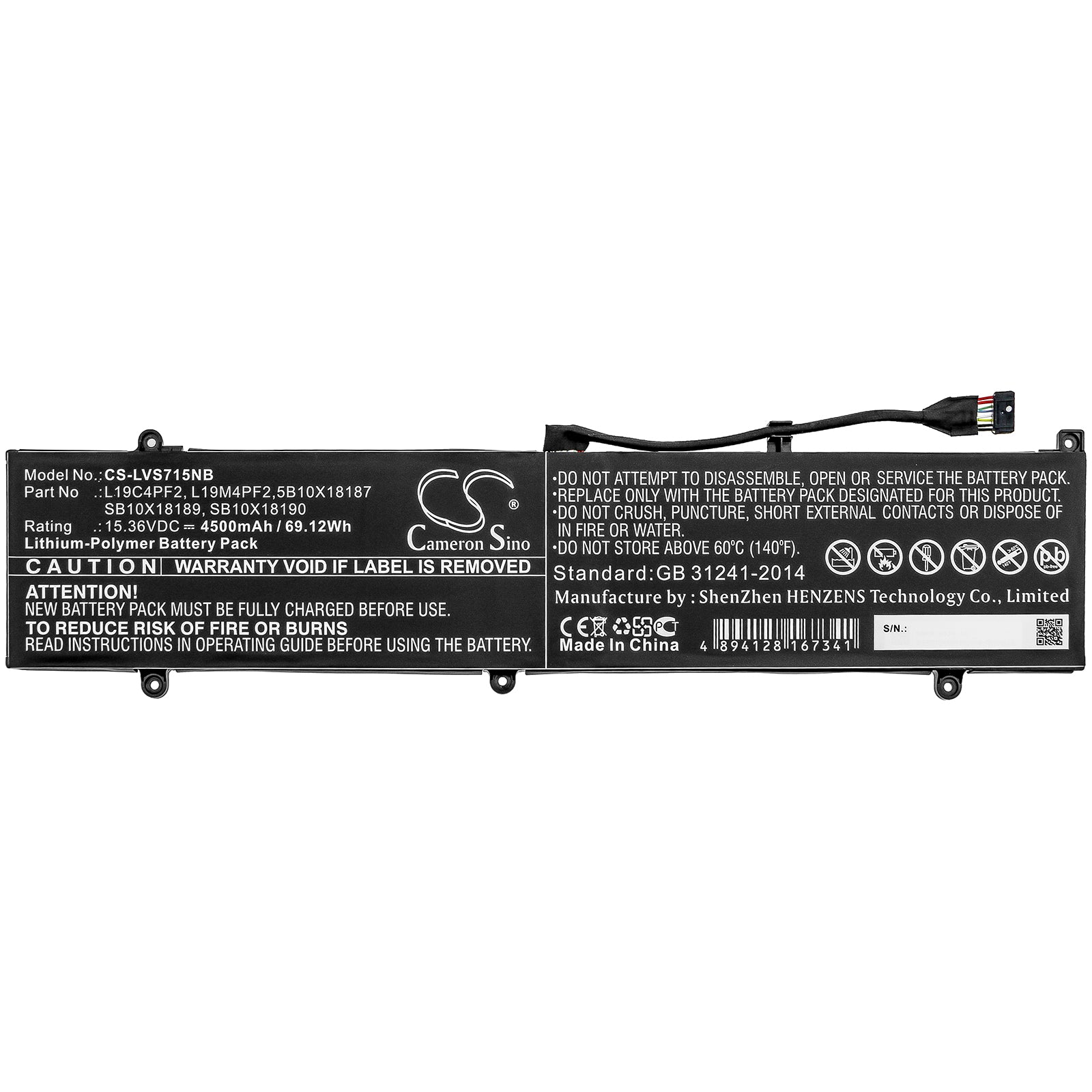 Li-Polymer Battery fits Lenovo, Yoga Slim 7 15, Yoga Slim 7-15imh05 15.36V, 4500mAh Notebook & Laptop Cameron Sino Technology Limited