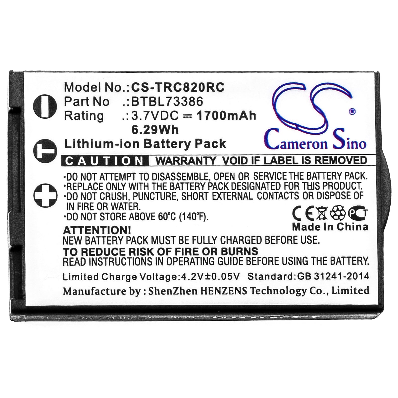 Li-ion Battery fits Urc, Mxhp-r500, Mxhp-r700, R100 3.7V, 1700mAh Remote Control Cameron Sino Technology Limited