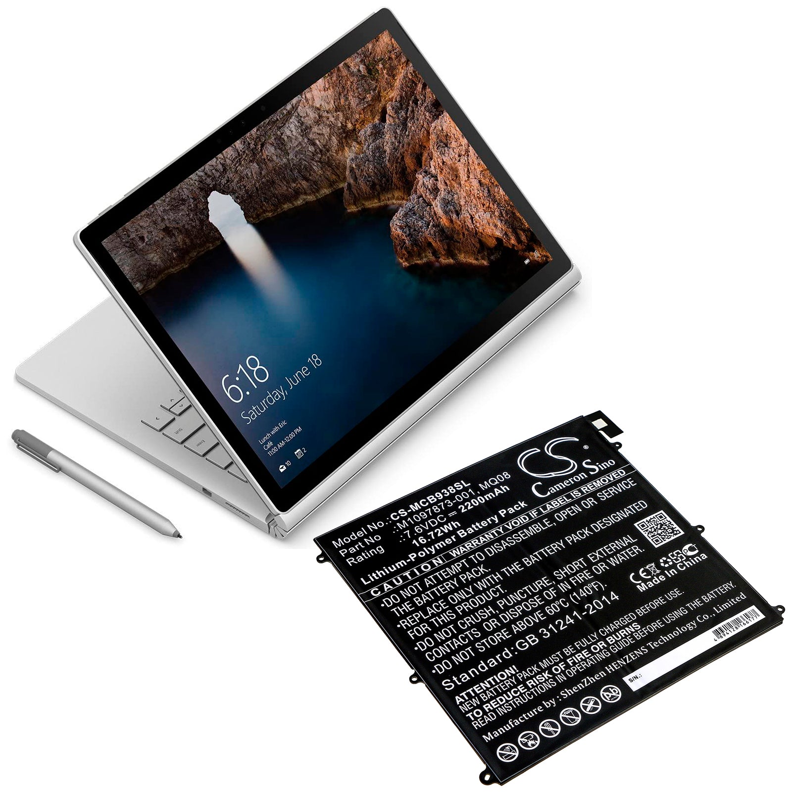 Li-Polymer Battery fits Microsoft, Surface Book 1938 7.6V, 2200mAh Tablet Cameron Sino Technology Limited