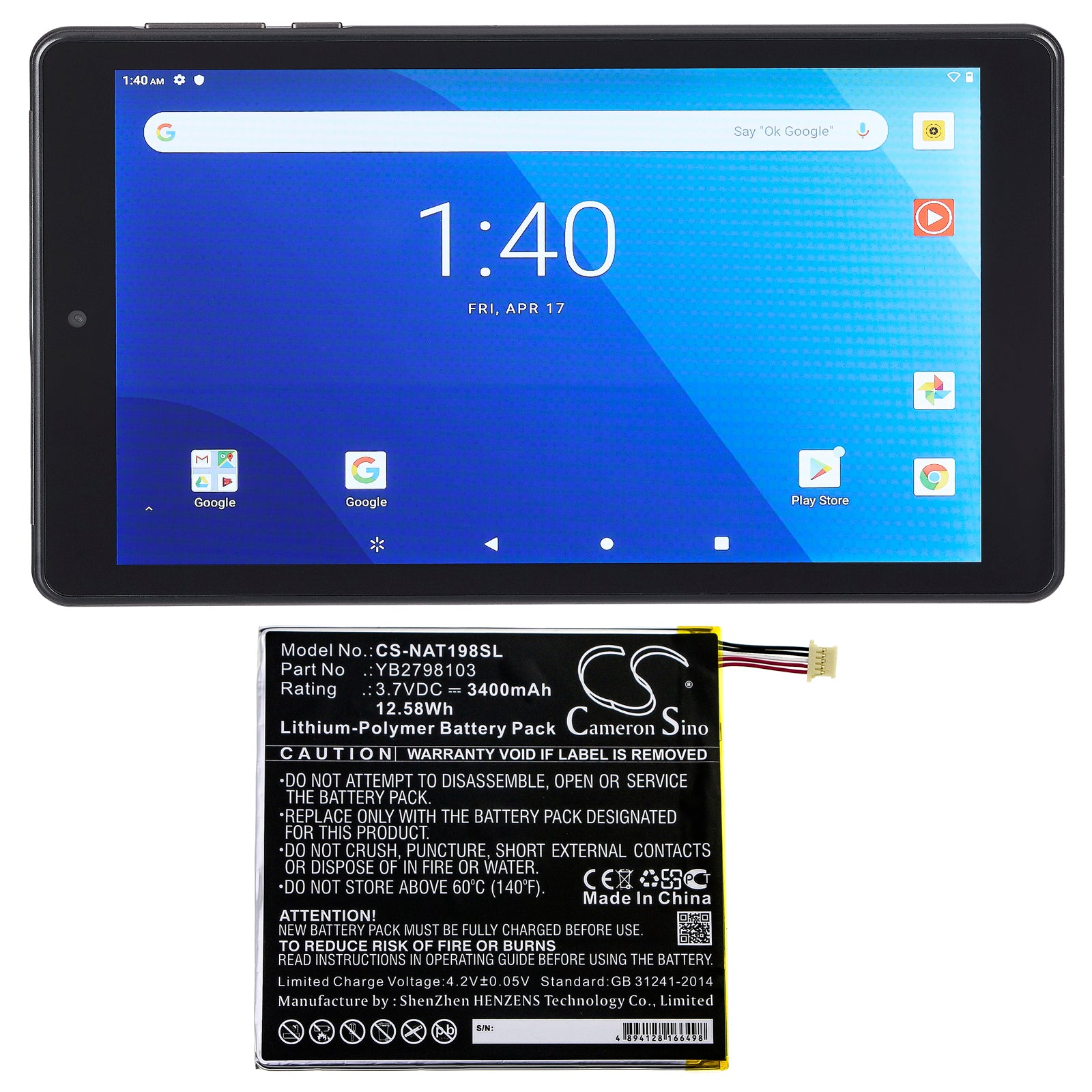 Li-Polymer Battery fits Onn, Ona19tb002, Tablet 8 3.7V, 3400mAh Tablet Cameron Sino Technology Limited