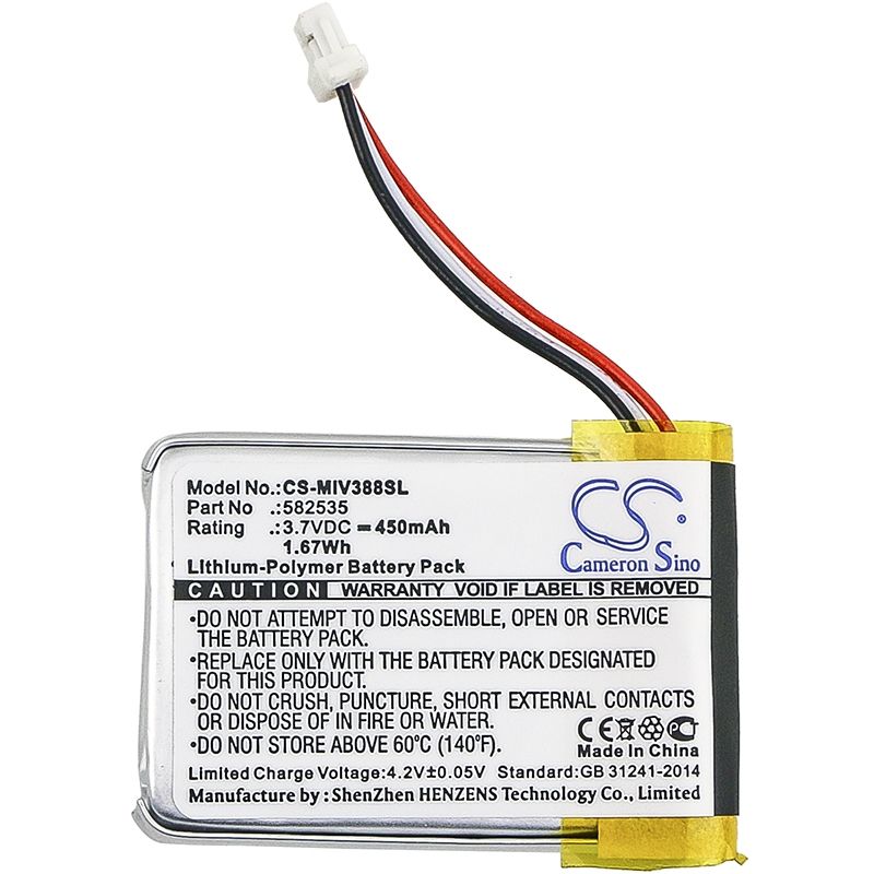Li-Polymer Battery fits Mio, Mivue 388, Mio 3.7V, 450mAh Dashcam Cameron Sino Technology Limited