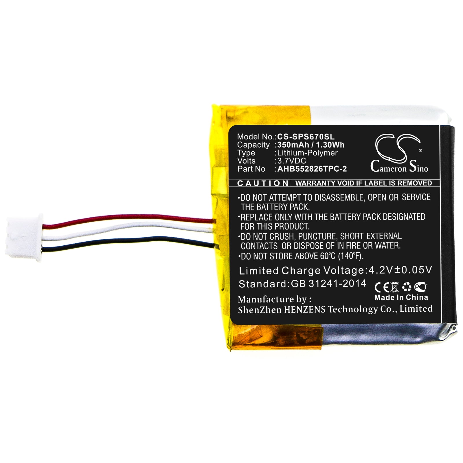 Li-Polymer Battery fits Sennheiser, Gsp 350, Gsp 500, Gsp 670 3.7V, 350mAh Wireless Headset Cameron Sino Technology Limited