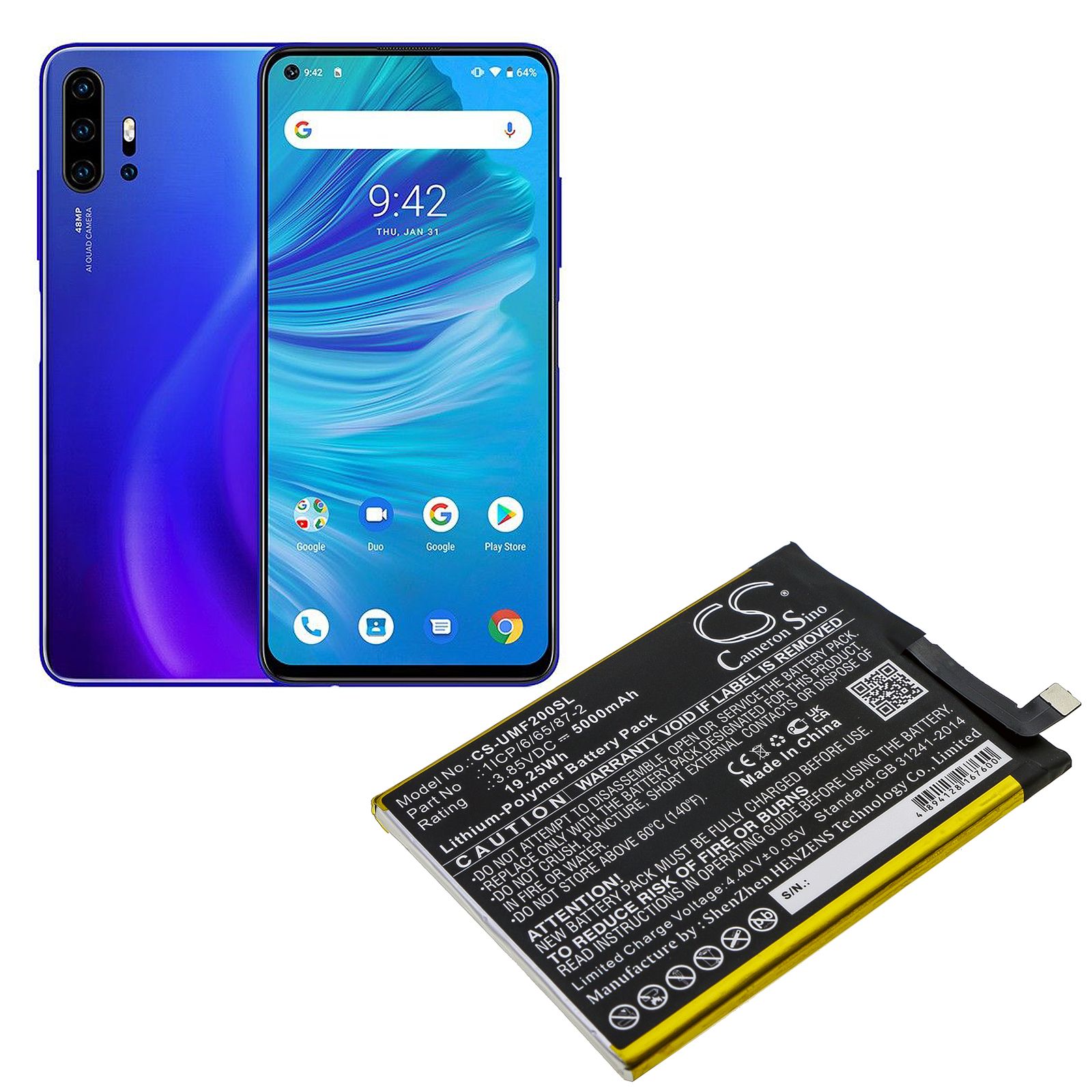 Li-Polymer Battery fits Umi, Umidigi F2 3.85V, 5000mAh Mobile & SmartPhone Cameron Sino Technology Limited