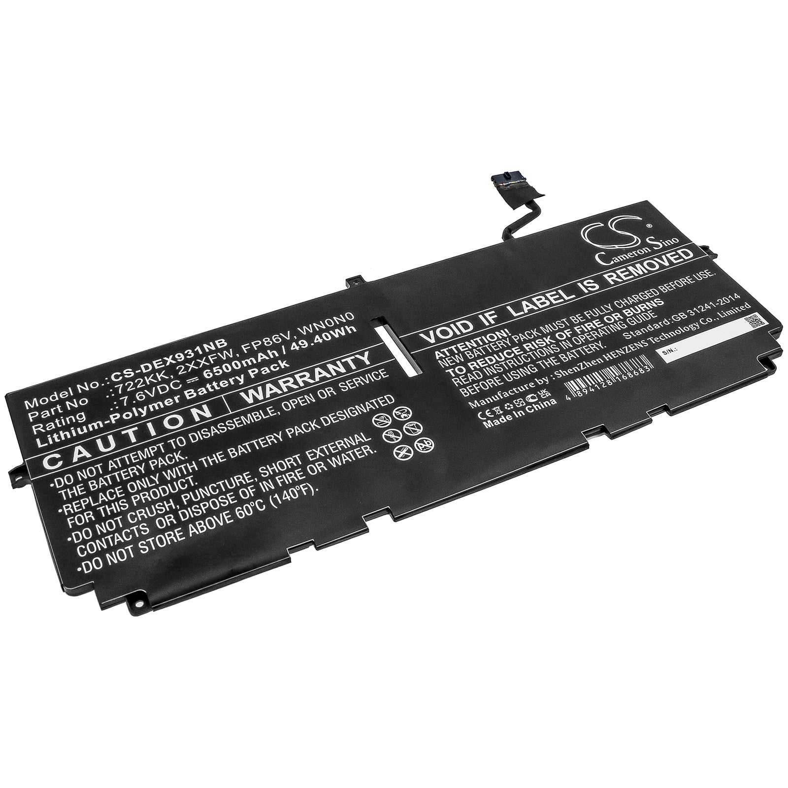 Li-Polymer Battery fits Dell, Xps 13 9300, Xps 13 9300 2020, Xps 13 9300 I5 Fhd 7.6V, 6500mAh Notebook & Laptop Cameron Sino Technology Limited