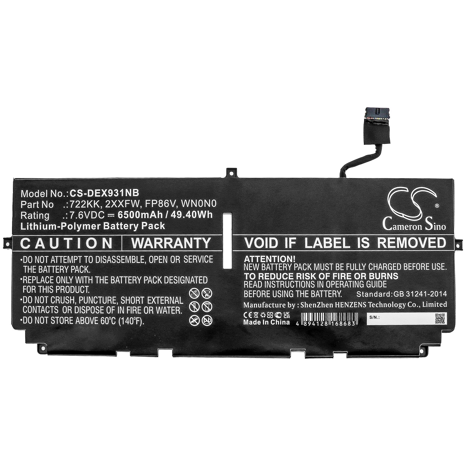 Li-Polymer Battery fits Dell, Xps 13 9300, Xps 13 9300 2020, Xps 13 9300 I5 Fhd 7.6V, 6500mAh Notebook & Laptop Cameron Sino Technology Limited
