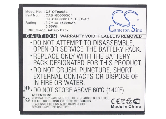 Li-ion Battery fits Tcl, D706, D768, S900 3.7V, 1500mAh Communications Cameron Sino Technology Limited