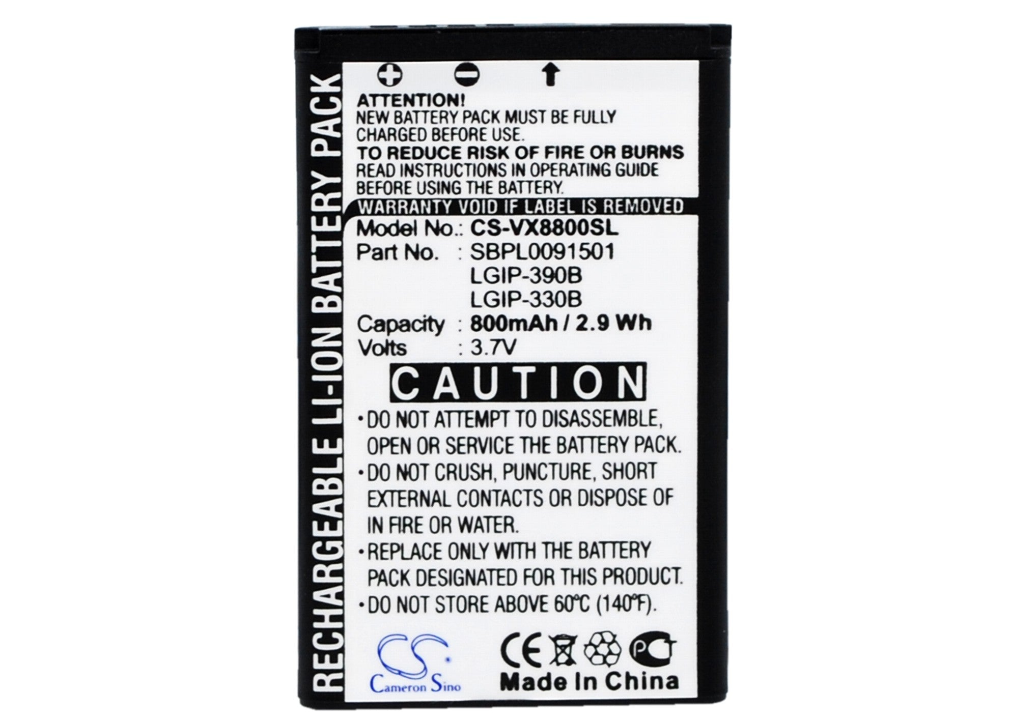 Li-ion Battery fits Lg, Vx8800, Vx8800 Venus 3.7V, 800mAh Communications Cameron Sino Technology Limited (Suspended)