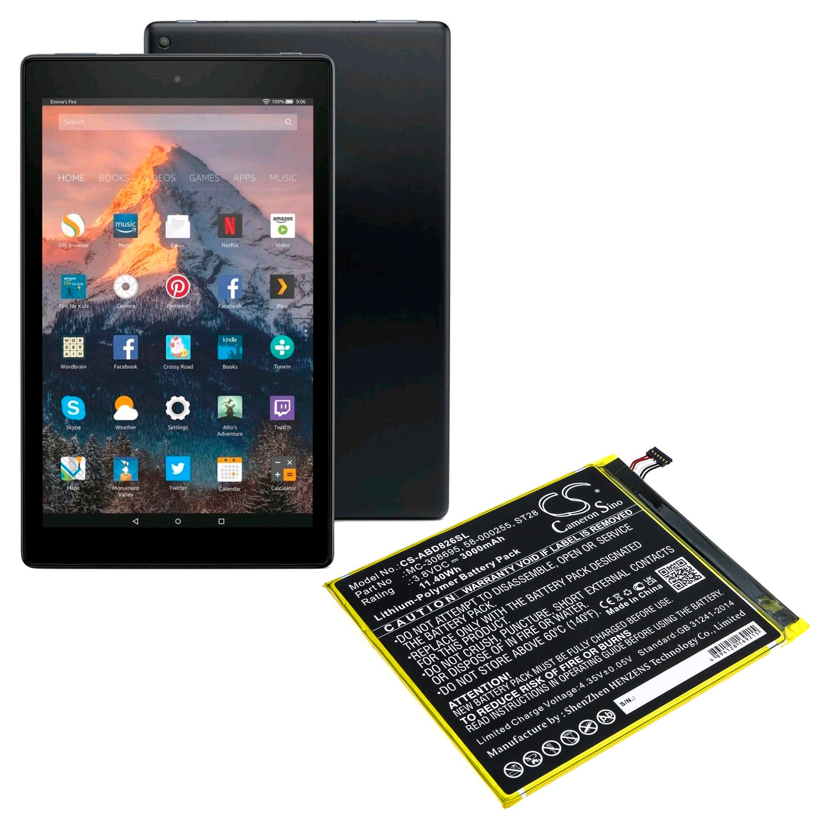 Li-Polymer Battery fits Amazon, Kindle Fire 2019 9th Generatio, Kindle Fire M8s26g 3.8V, 3000mAh Tablet Cameron Sino Technology Limited