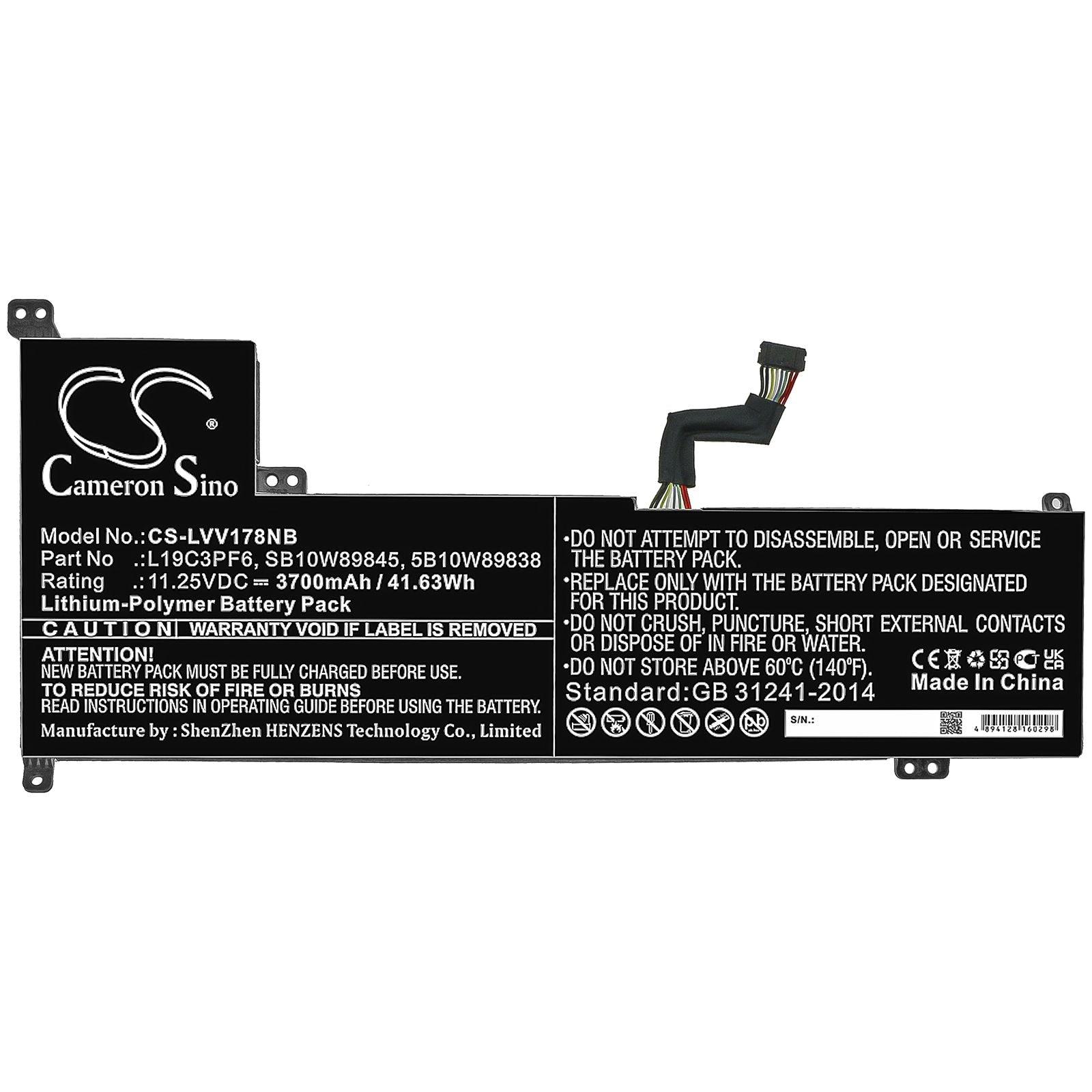Li-ion Battery fits Lenovo, L19c3pf6, Sb10w89845 11.25V, 3700mAh Notebook & Laptop Cameron Sino Technology Limited