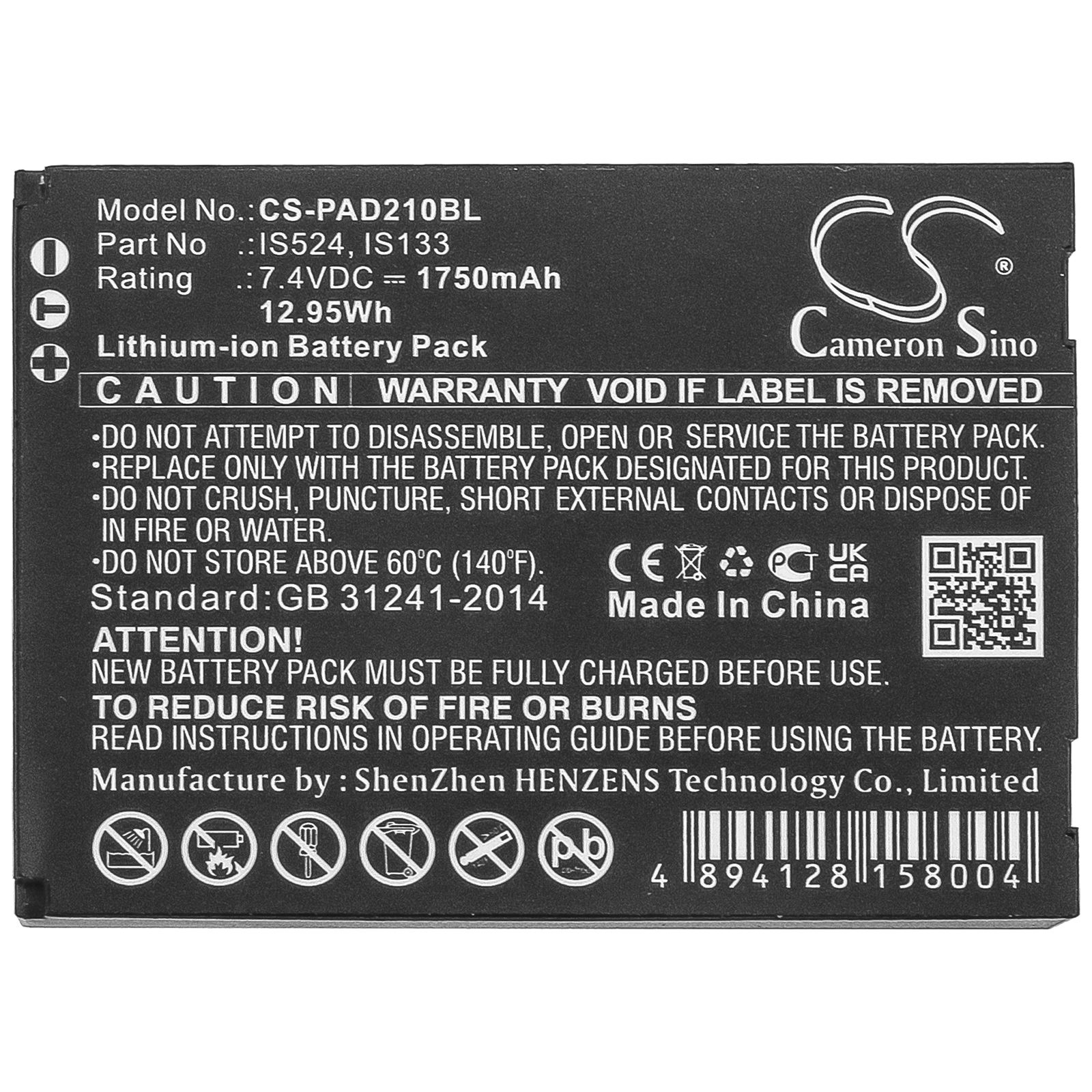 Li-ion Battery fits Pax, Is133, Is524 7.4V, 1950mAh Payment Terminal Cameron Sino Technology Limited