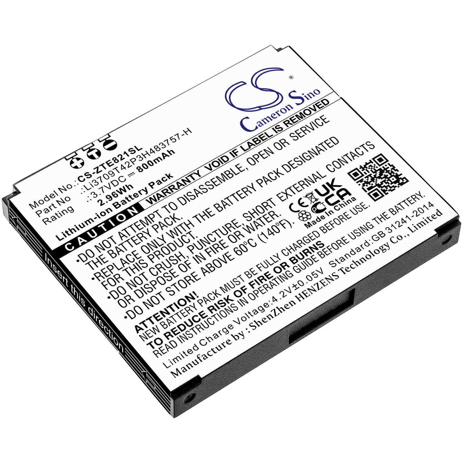 Li-ion Battery fits Zte, E821 3.7V, 800mAh Mobile & SmartPhone Cameron Sino Technology Limited