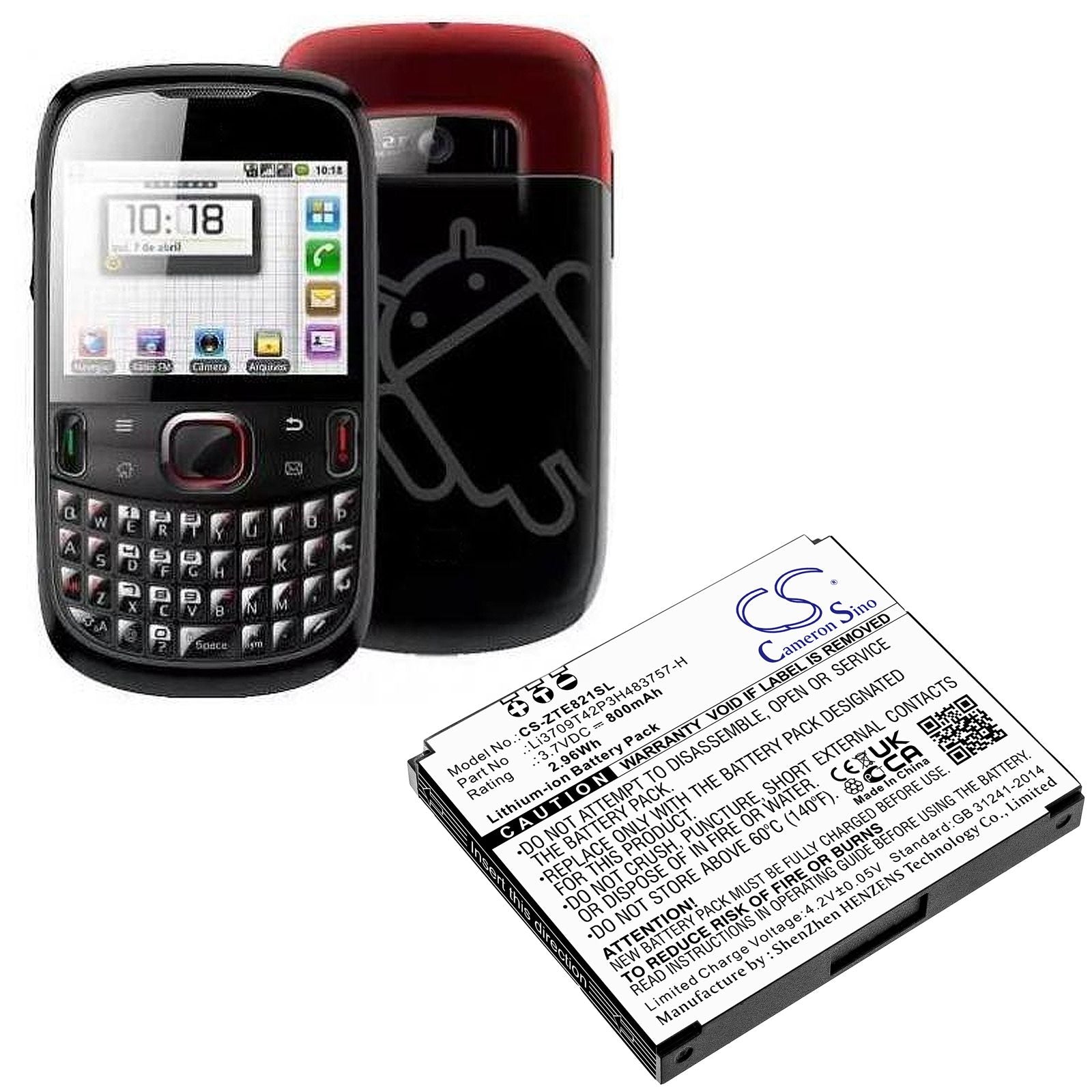 Li-ion Battery fits Zte, E821 3.7V, 800mAh Mobile & SmartPhone Cameron Sino Technology Limited