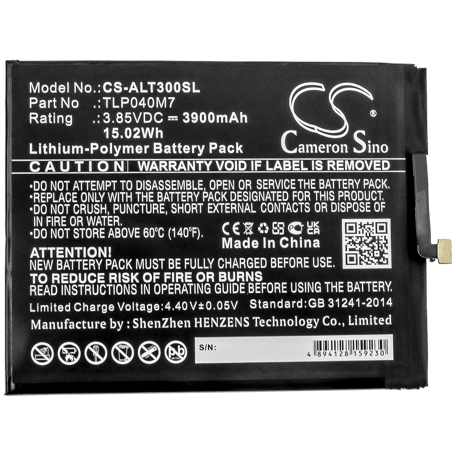 Li-Polymer Battery fits Alcatel, Tlp040m7 3.85V, 3900mAh Tablet Cameron Sino Technology Limited