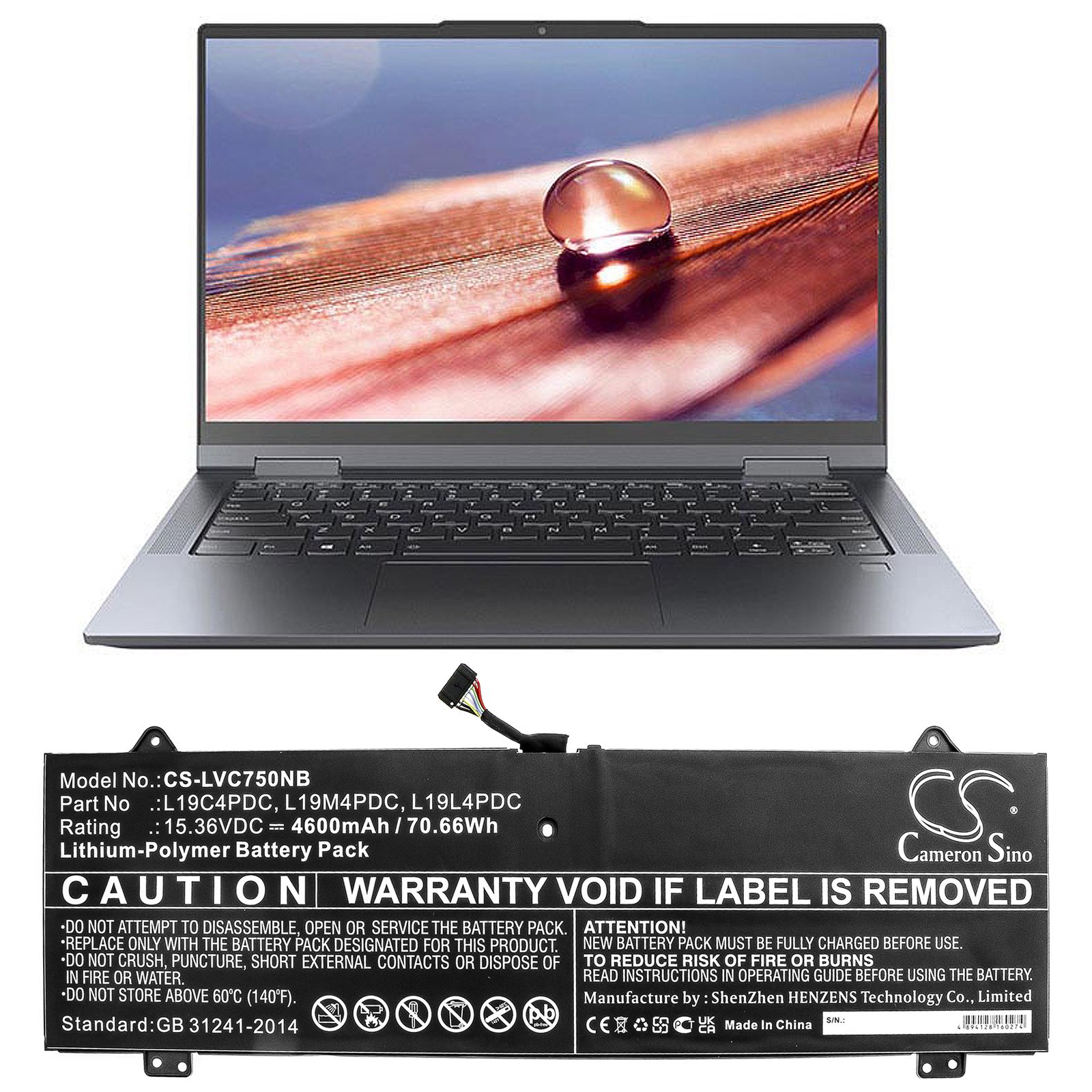 Li-ion Battery fits Lenovo, L19c4pdc 15.36V, 4600mAh Notebook & Laptop Cameron Sino Technology Limited