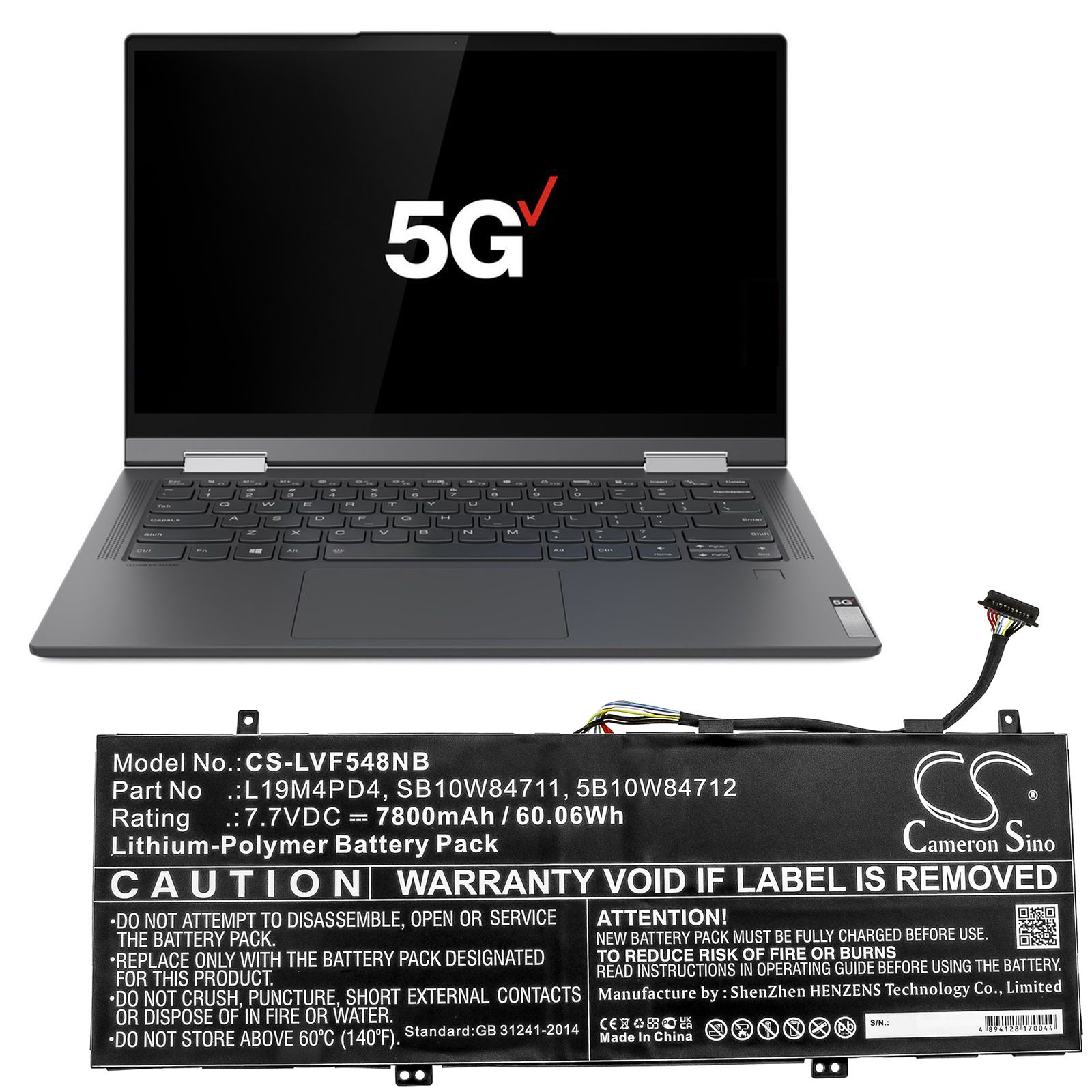 Li-ion Battery fits Lenovo, Flex 5g, Flex 5g-14q8cx05(81xe/82ak) 7.7V, 7800mAh Notebook & Laptop Cameron Sino Technology Limited