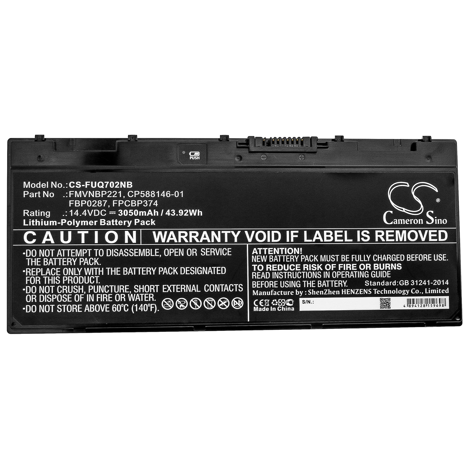 Li-Polymer Battery fits Fujitsu, Cp588146-01, Fbp0287, Fmvnbp221, Fpcbp374 14.4V, 3050mAh Notebook & Laptop Cameron Sino Technology Limited