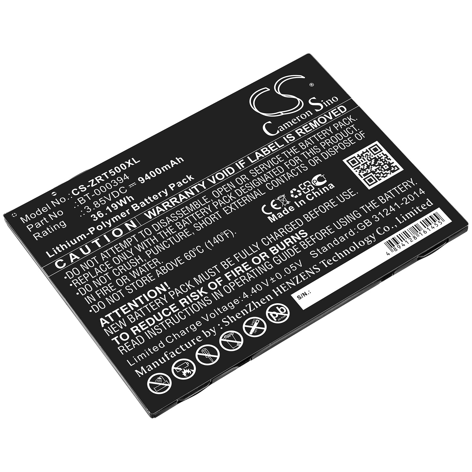 Li-ion Battery fits Zebra, Bt-000394 3.85V, 9400mAh Computer Cameron Sino Technology Limited (Suspended)