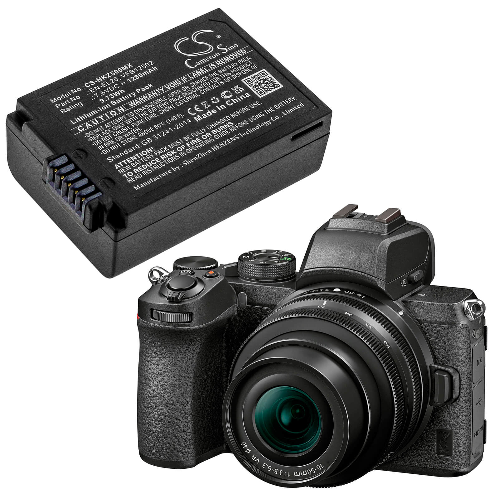 Li-ion Battery fits Nikon, Z50, Z50 Zfc 7.6V, 1280mAh Camera Cameron Sino Technology Limited