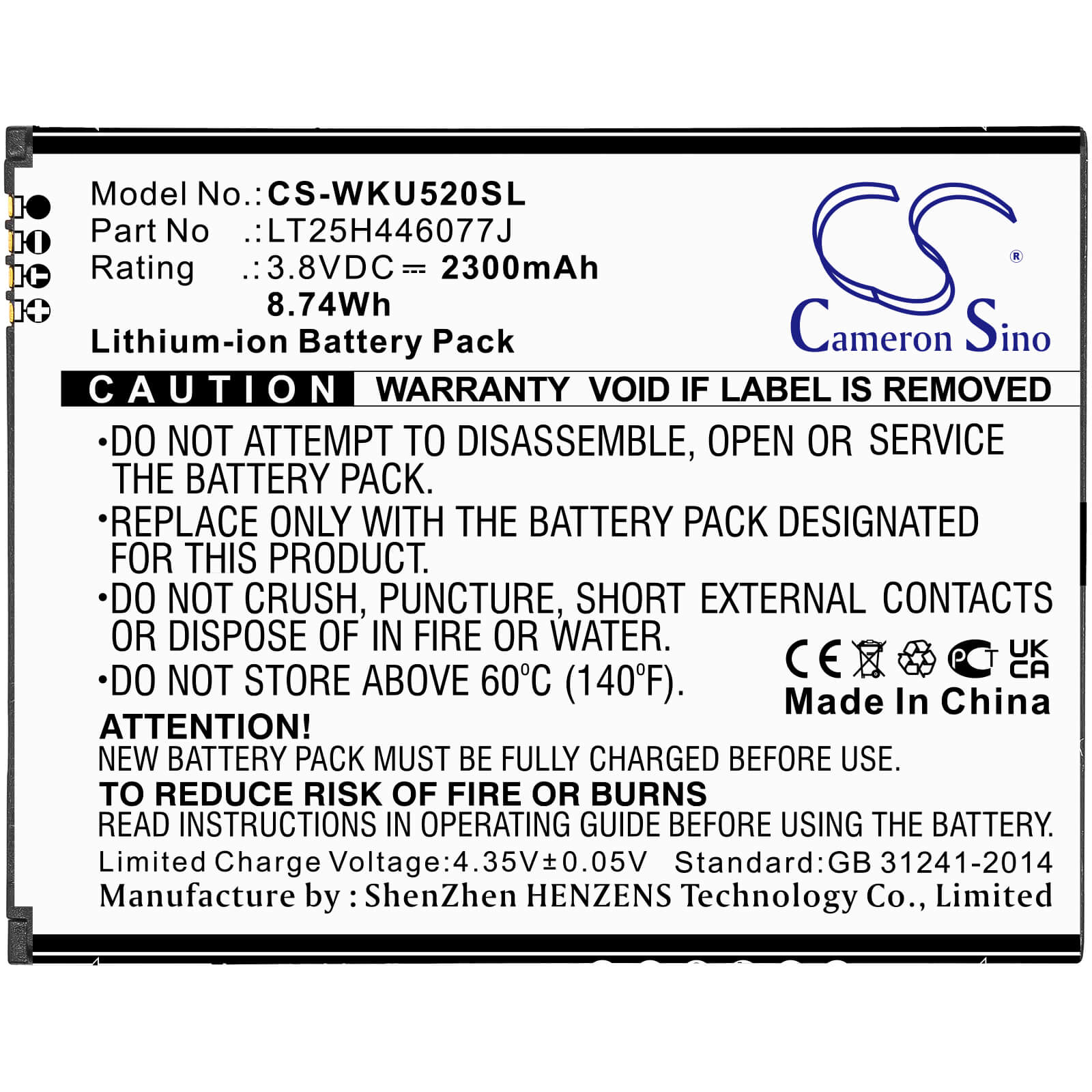 Li-ion Battery fits Wiko, Ride 2, U520as 3.8V, 2300mAh Mobile & SmartPhone Cameron Sino Technology Limited