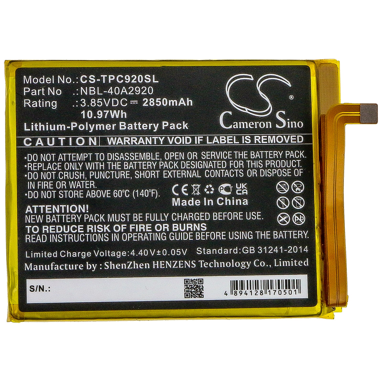 Li-ion Battery fits Tp-link, Neffos C9a, Tp706a 3.85V, 2850mAh Communications Cameron Sino Technology Limited