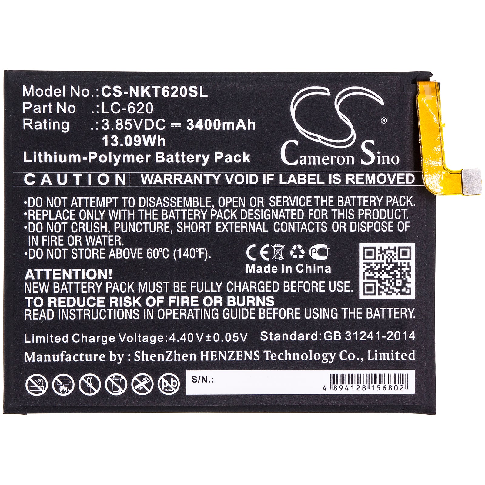 Li-Polymer Battery fits Nokia, 6.2 3.85V, 3400mAh Mobile & SmartPhone Cameron Sino Technology Limited
