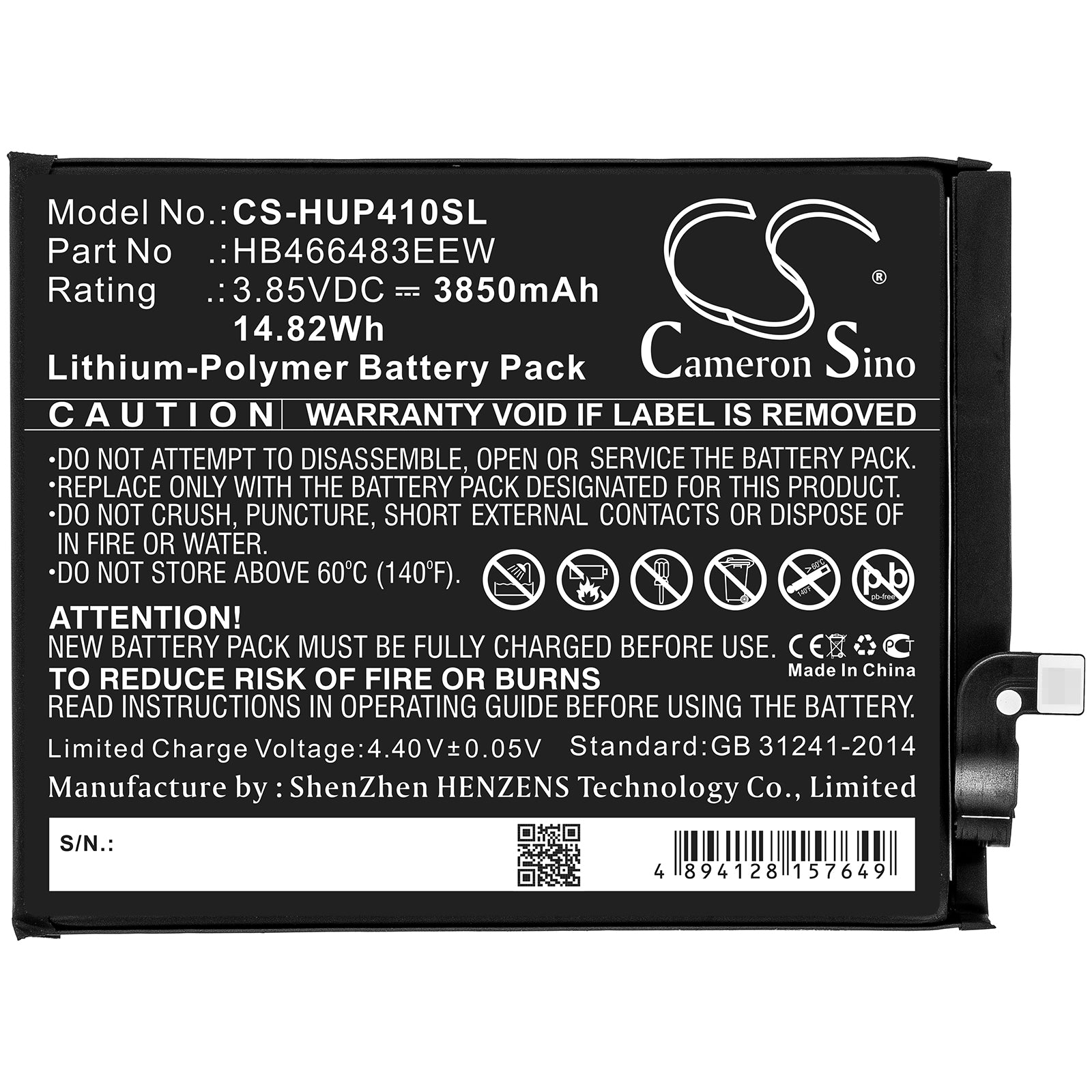 Li-Polymer Battery fits Huawei, Cdy-an00, Cdy-an20 3.85V, 3900mAh Mobile & SmartPhone Cameron Sino Technology Limited