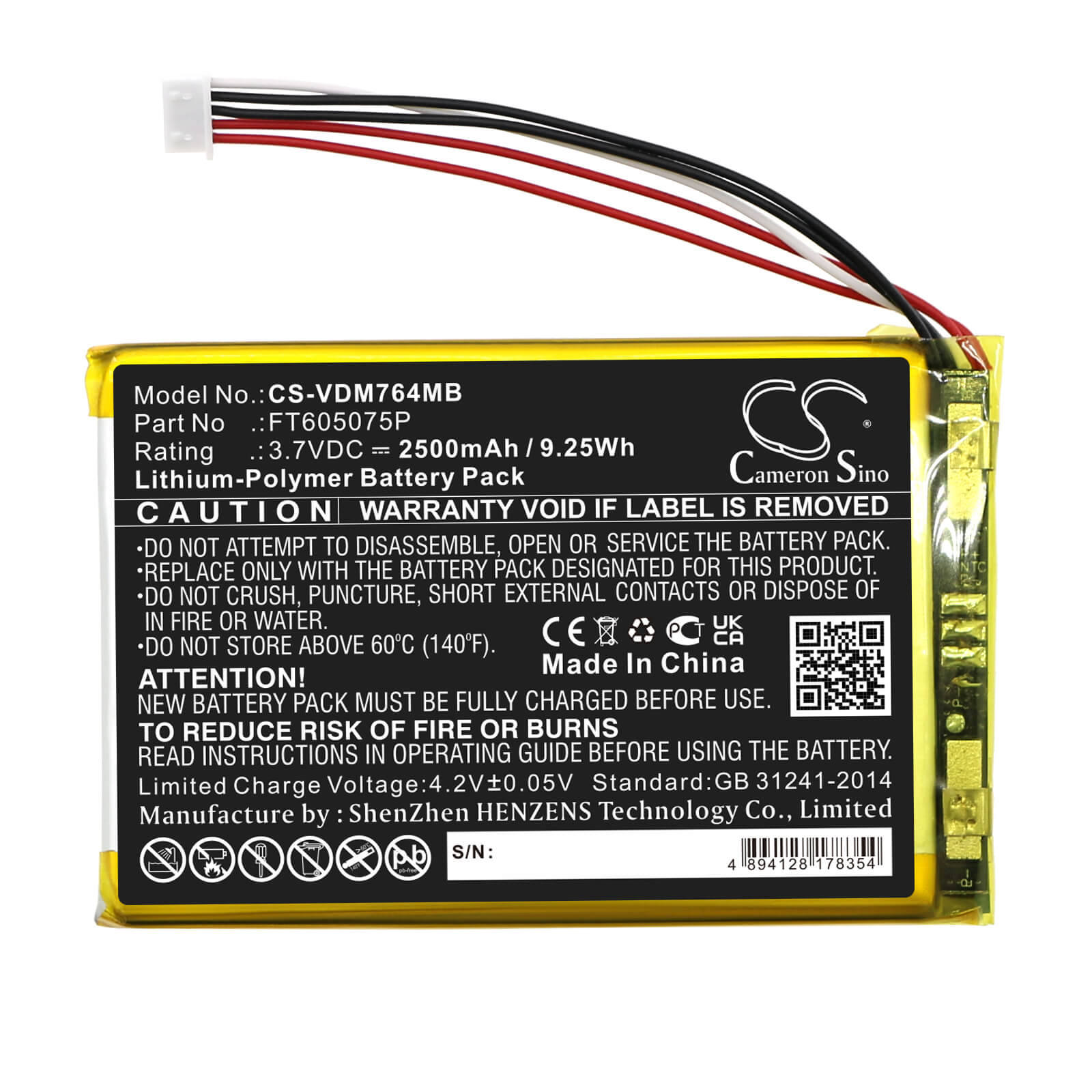 Li-Polymer Battery fits Vtech, Rm7764-2hd, Rm7764hd 3.7V, 2500mAh / 9.25Wh BabyPhone Cameron Sino Technology Limited