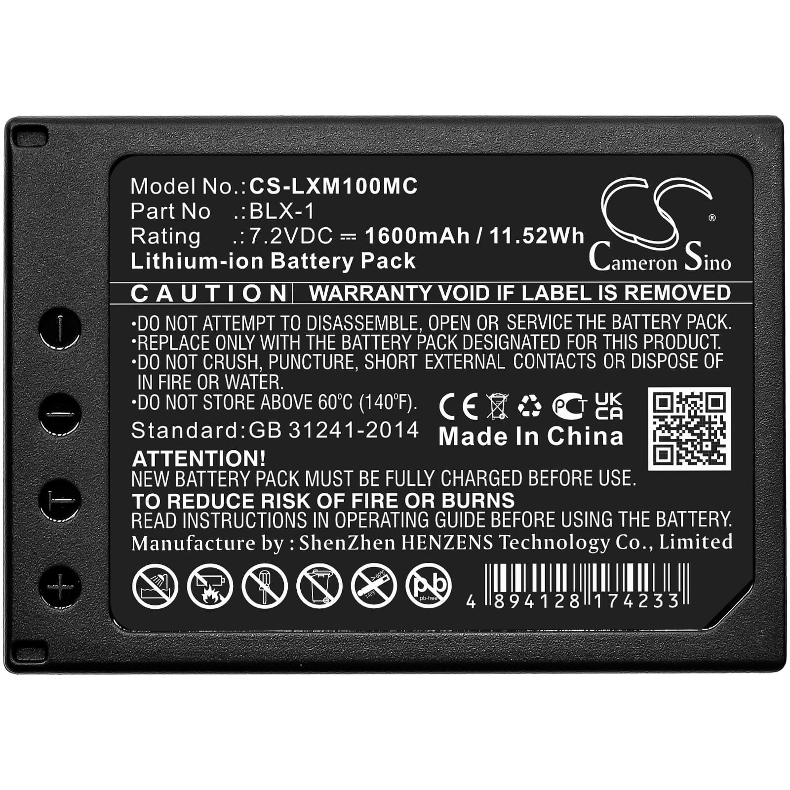 Li-ion Battery fits Olympus, Om System Om-1, Om-1 Mirrorless 7.2V, 1600mAh / 11.52Wh Camera Cameron Sino Technology Limited