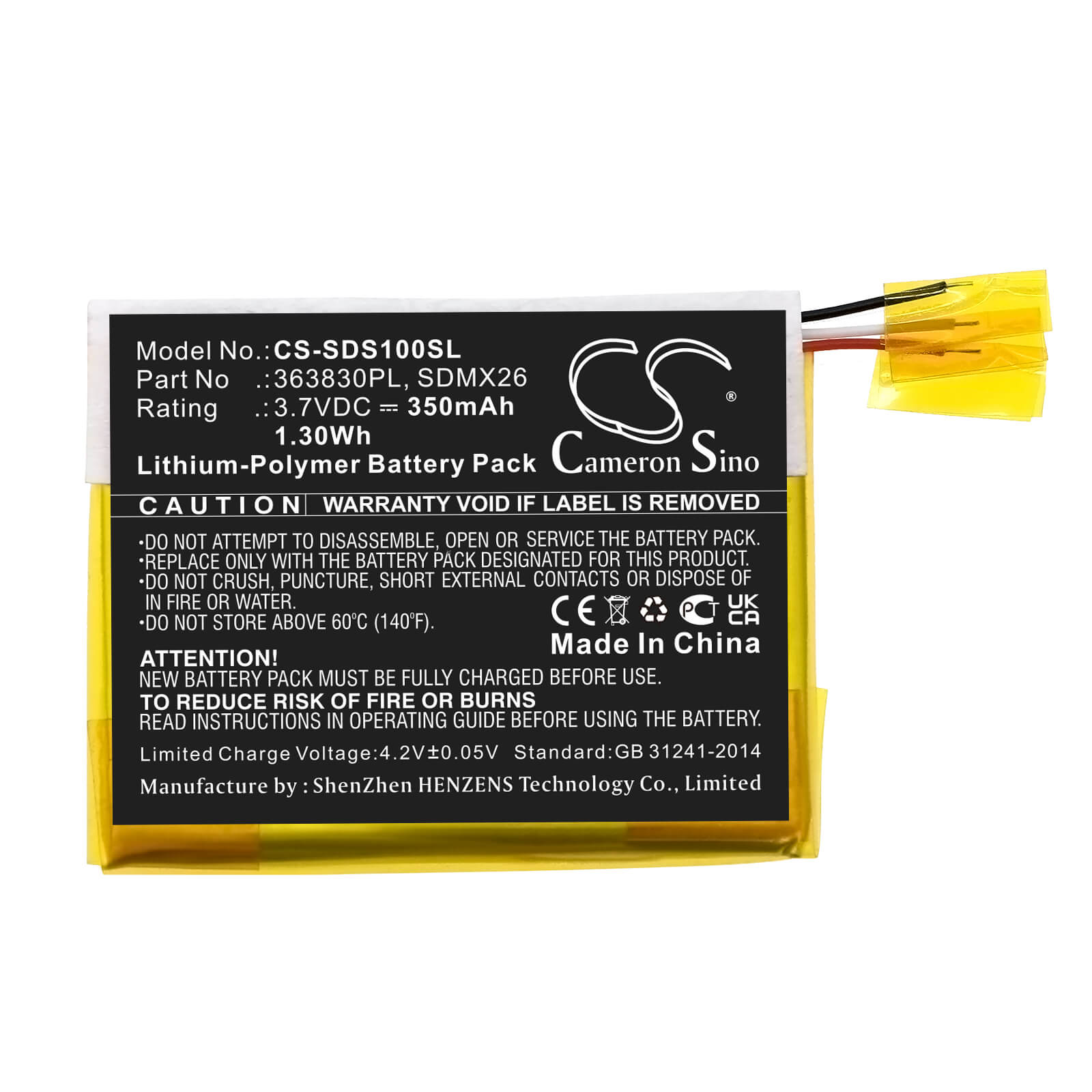 Li-Polymer Battery fits Sandisk, Clip Jam, Sansa Clip 3.7V, 350mAh / 1.30Wh Media Player Cameron Sino Technology Limited