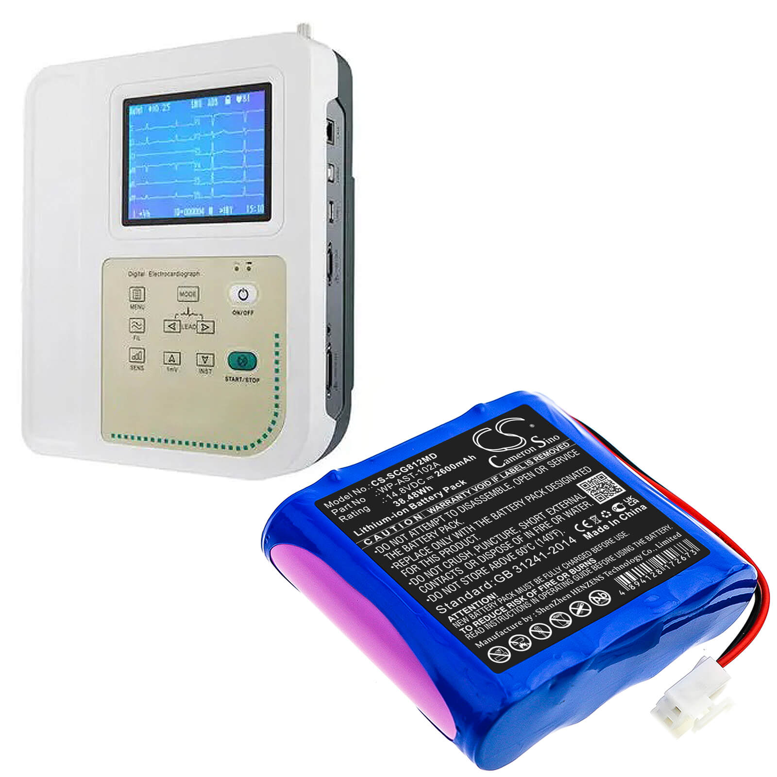 Li-ion Battery fits Osen, Ecg-8112 14.8V, 2600mAh / 38.48Wh Medical Cameron Sino Technology Limited