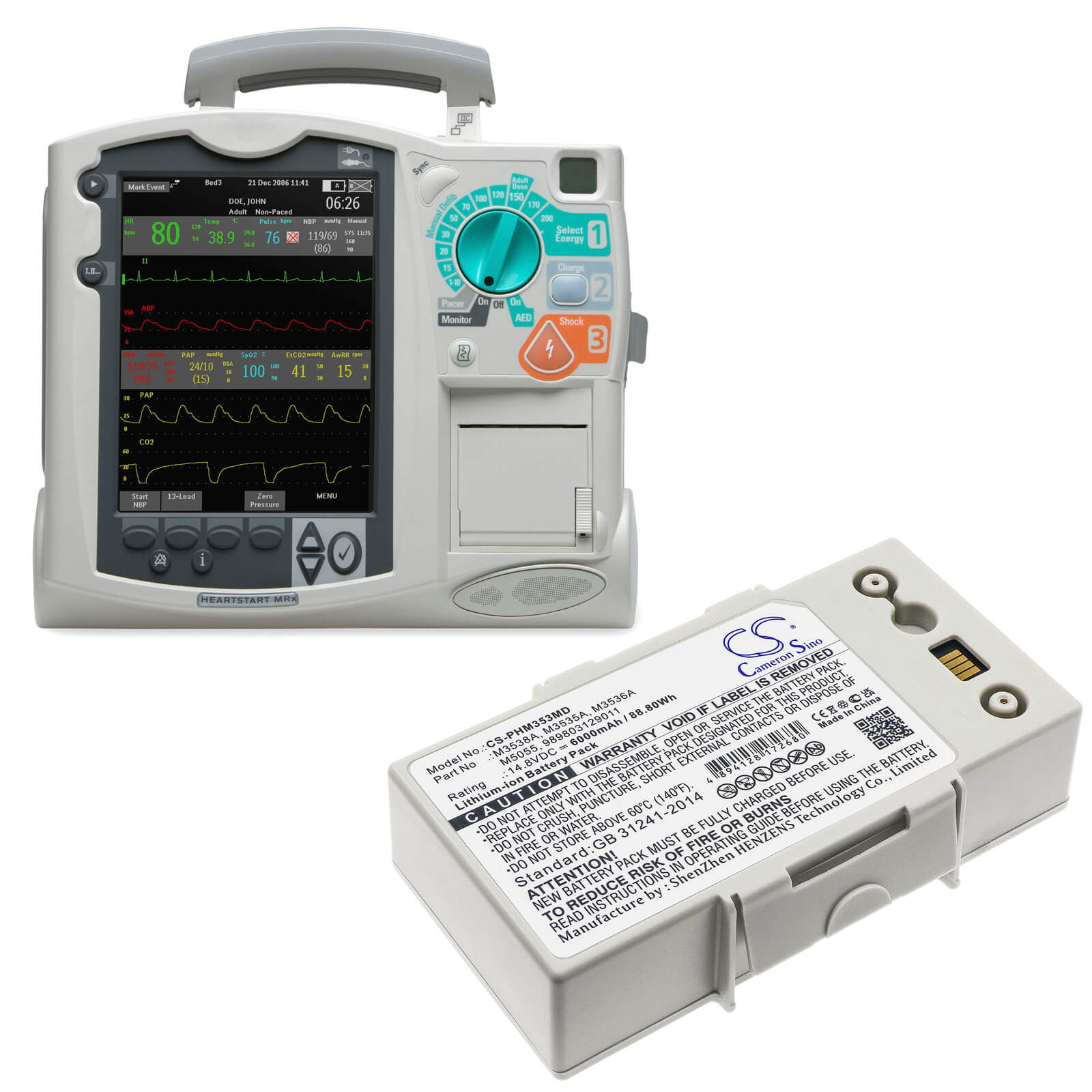 Li-ion Battery fits Philips, Defibrillator Heartstart Mrx, Heartstart Mrx 14.8V, 6000mAh / 88.80Wh Medical Cameron Sino Technology Limited