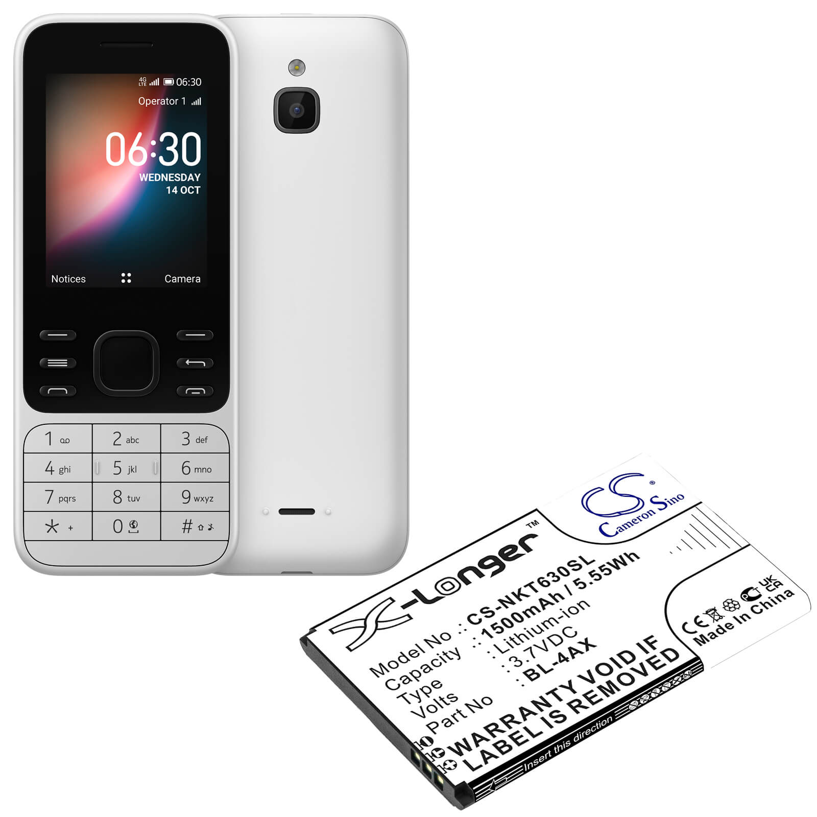 Li-ion Battery fits Nokia, 6300 4g, 8000 4g 3.7V, 1500mAh / 5.55Wh Mobile & SmartPhone Cameron Sino Technology Limited