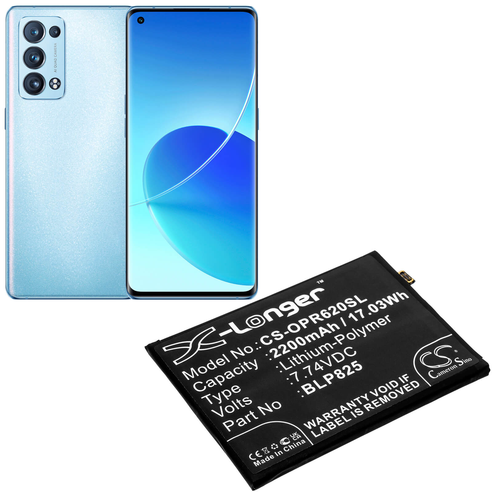 Li-Polymer Battery fits Oppo, Reno5 Pro+, Reno6 Pro 7.74V, 2200mAh / 17.03Wh Mobile & SmartPhone Cameron Sino Technology Limited