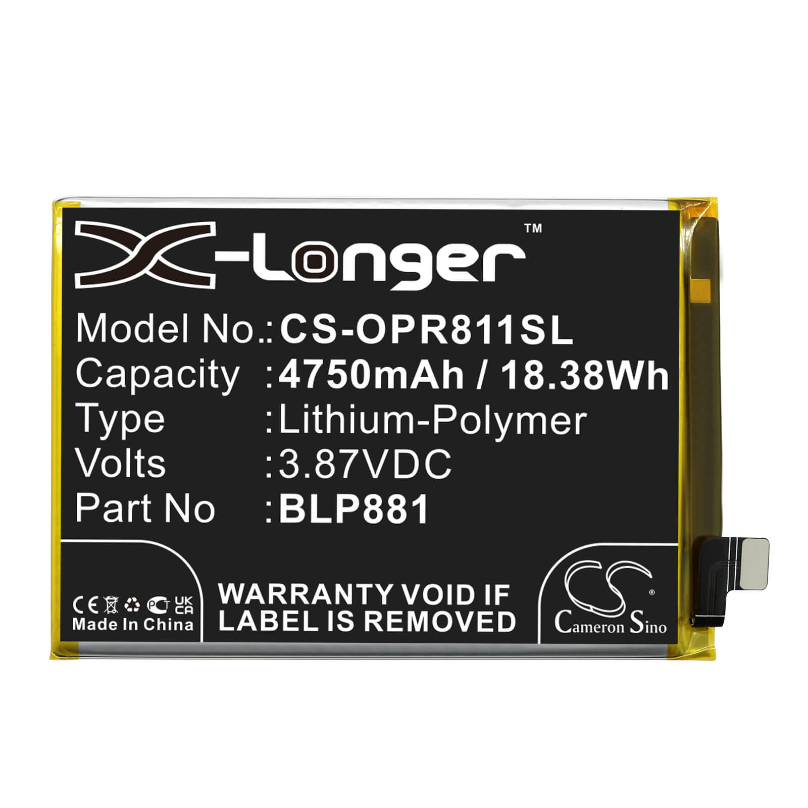 Li-Polymer Battery fits Oppo, Reno 4se, Reno 5k 3.87V, 4750mAh / 18.38Wh Mobile & SmartPhone Cameron Sino Technology Limited