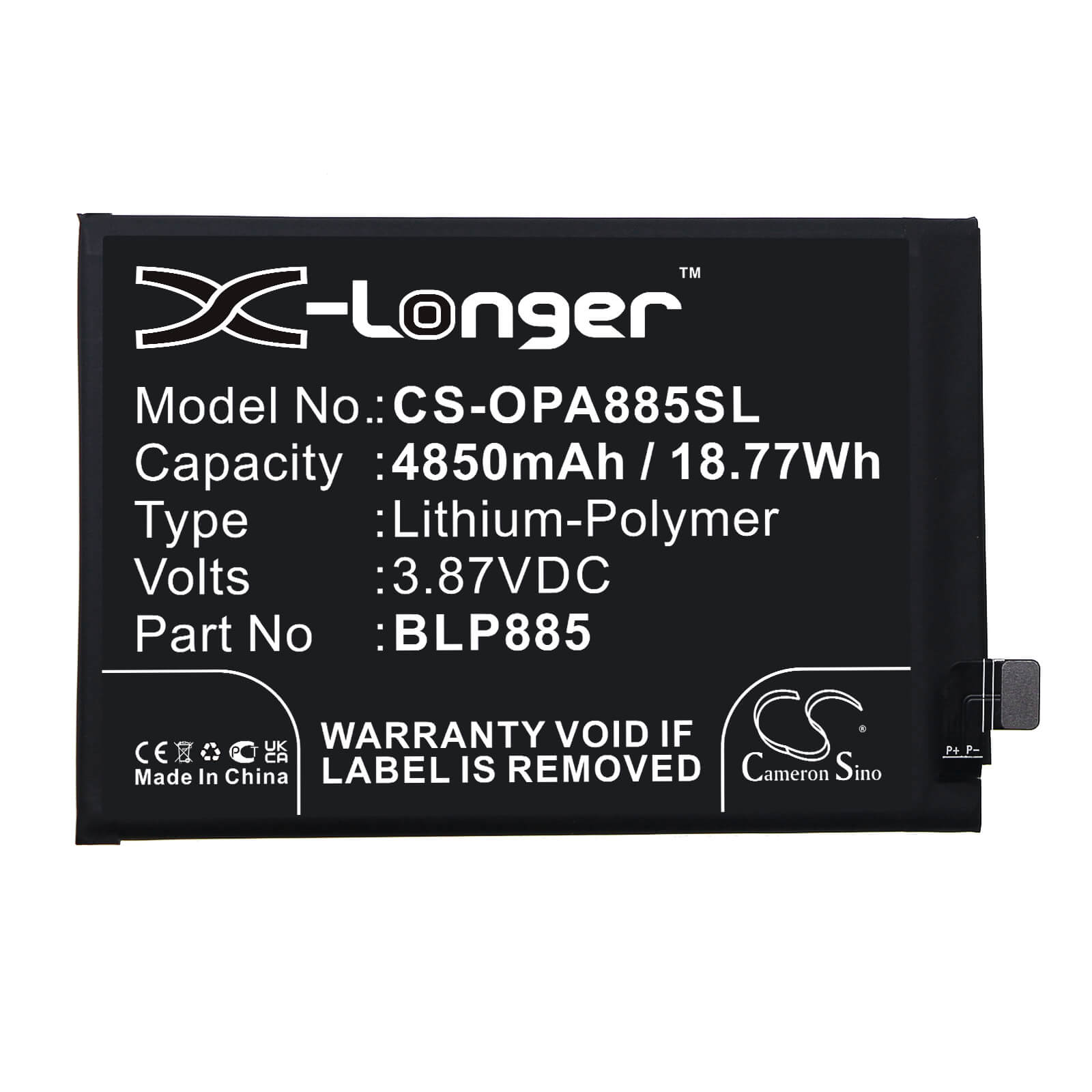 Li-Polymer Battery fits Oppo, A96, Cph2333 3.87V, 4850mAh / 18.77Wh Mobile & SmartPhone Cameron Sino Technology Limited