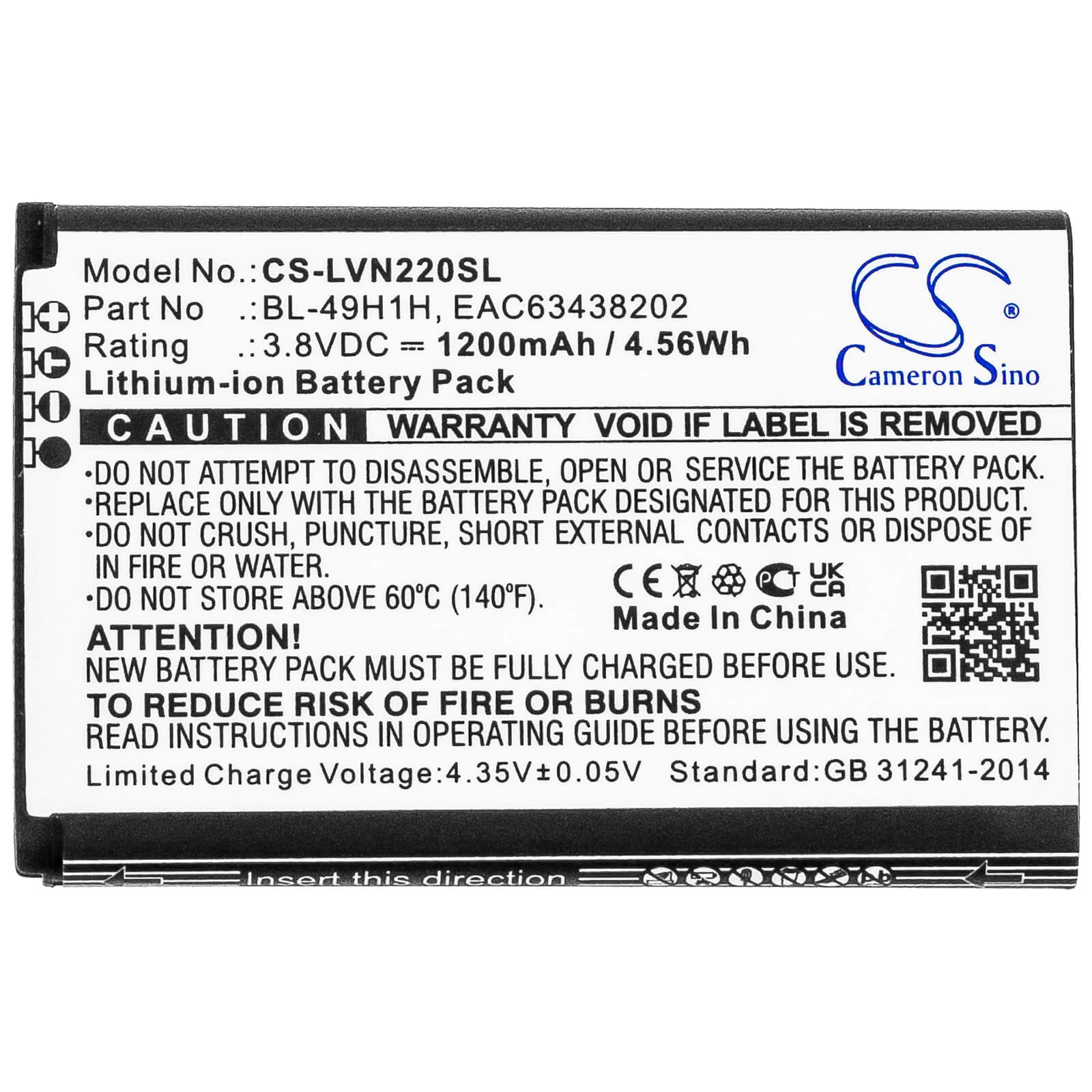 Li-ion Battery fits Lg, Classic Flip, Exalt Lte 4g 3.8V, 1200mAh / 4.56Wh Mobile & SmartPhone Cameron Sino Technology Limited