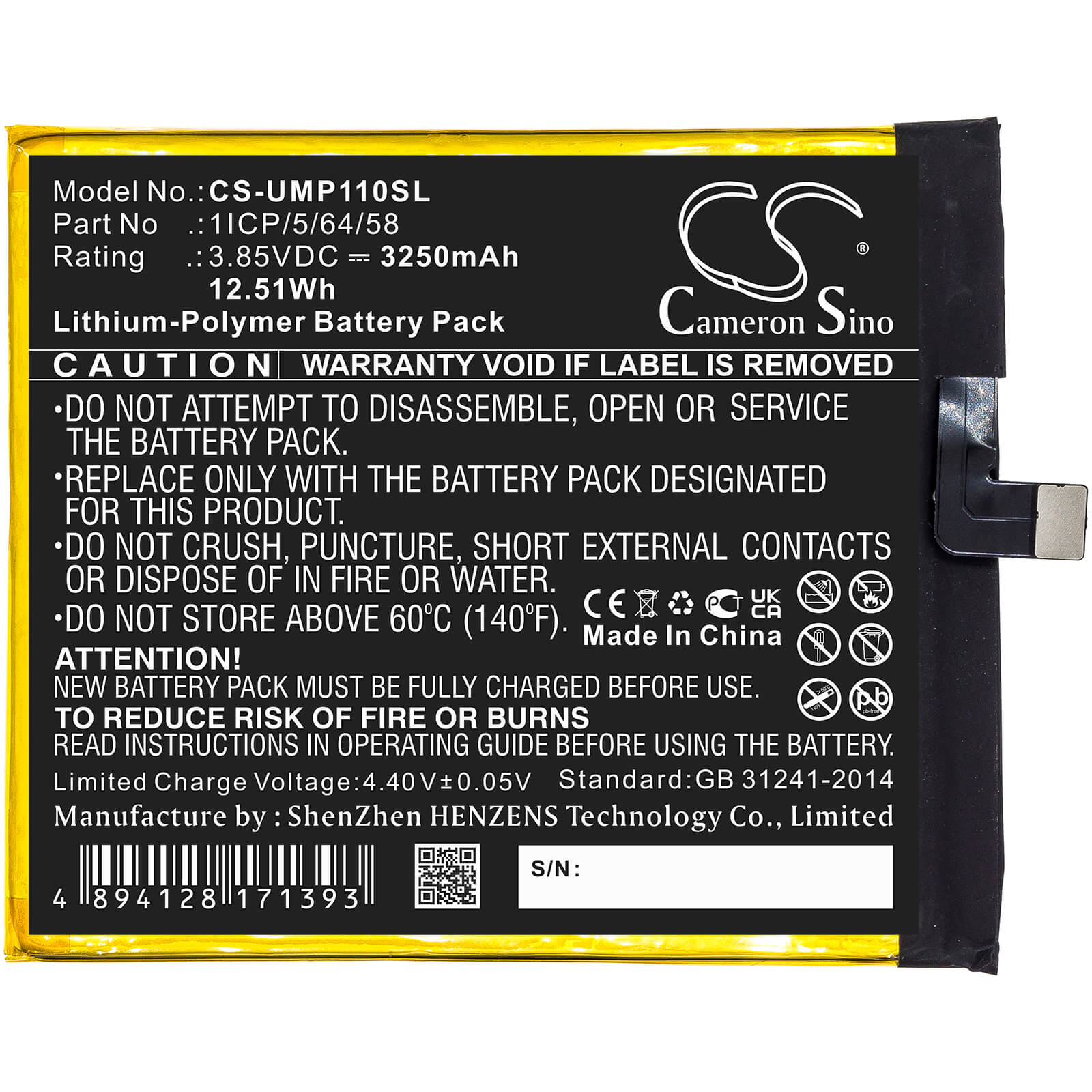 Li-ion Battery fits Umi, Umidigi One Pro 3.85V, 3250mAh / 12.51Wh Mobile & SmartPhone Cameron Sino Technology Limited