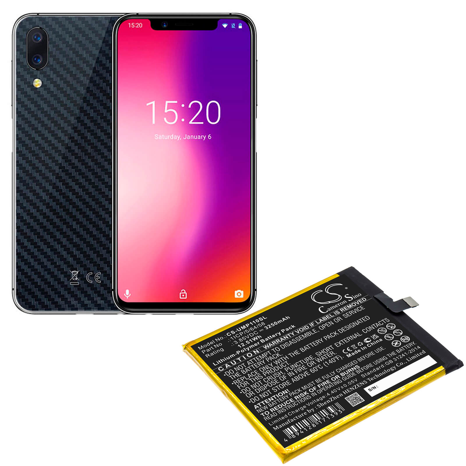 Li-ion Battery fits Umi, Umidigi One Pro 3.85V, 3250mAh / 12.51Wh Mobile & SmartPhone Cameron Sino Technology Limited