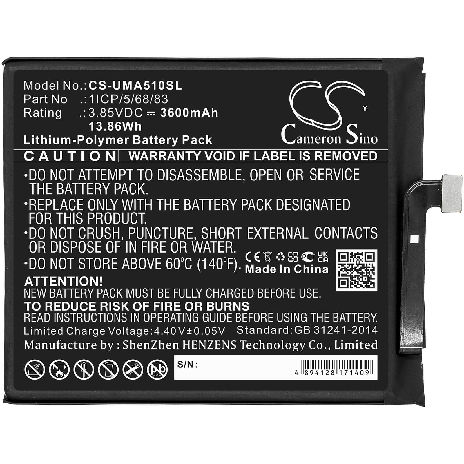 Li-Polymer Battery fits Umi, Umidigi A5 Pro 3.85V, 3600mAh / 13.86Wh Mobile & SmartPhone Cameron Sino Technology Limited