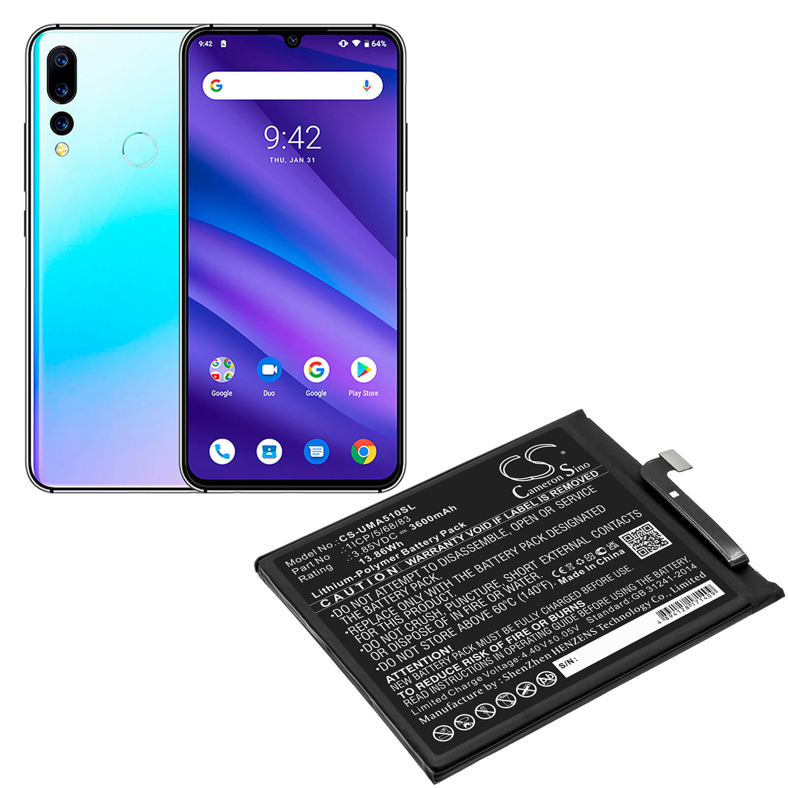 Li-Polymer Battery fits Umi, Umidigi A5 Pro 3.85V, 3600mAh / 13.86Wh Mobile & SmartPhone Cameron Sino Technology Limited