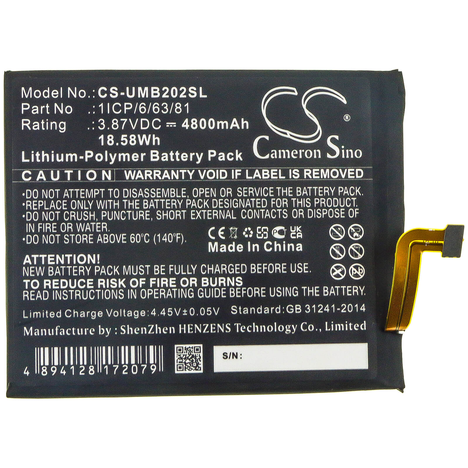 Li-Polymer Battery fits Umi, 2021, Umidigi Bison 3.87V, 4800mAh / 18.58Wh Mobile & SmartPhone Cameron Sino Technology Limited