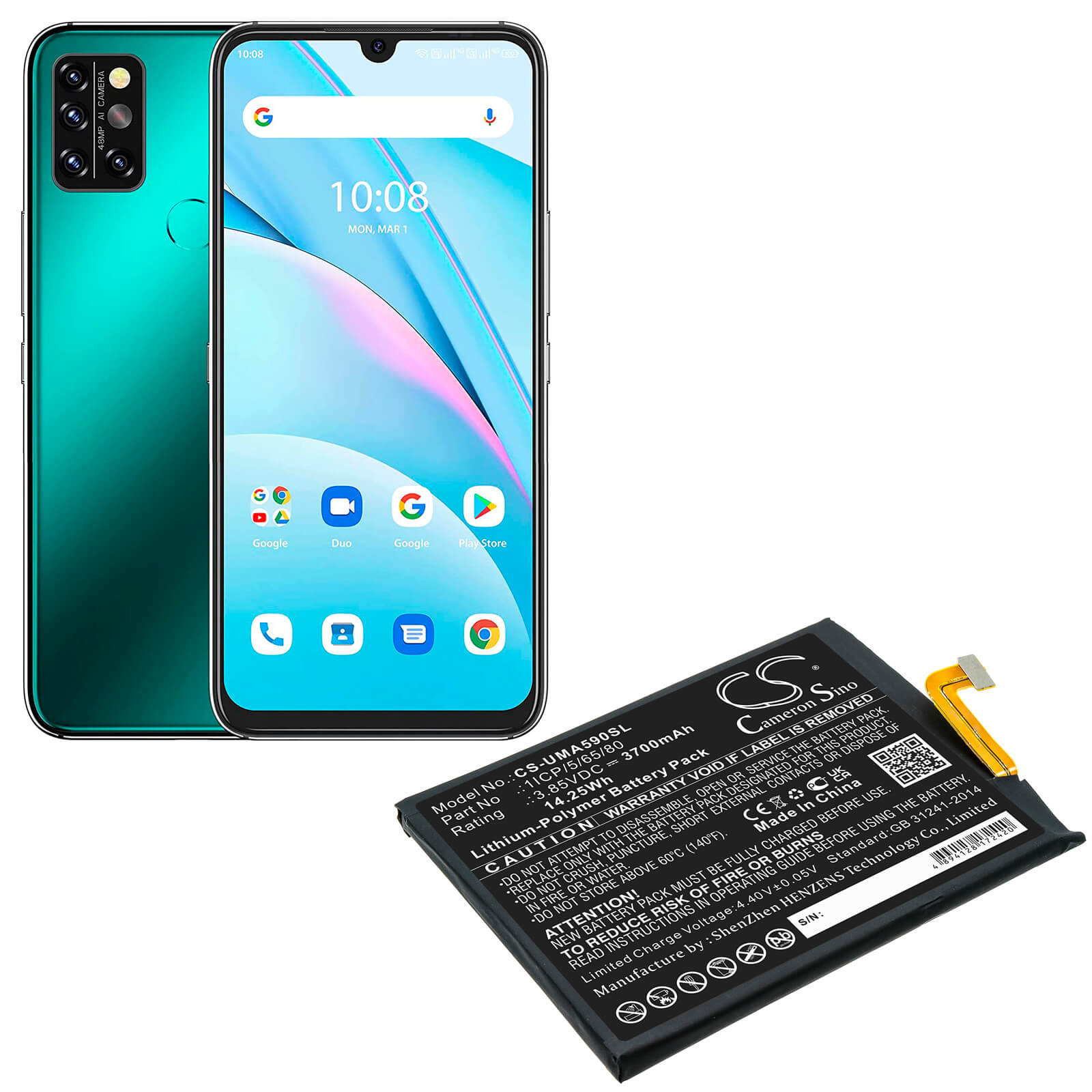 Li-Polymer Battery fits Umi, Umidigi A9 Pro 3.85V, 3700mAh / 14.25Wh Mobile & SmartPhone Cameron Sino Technology Limited