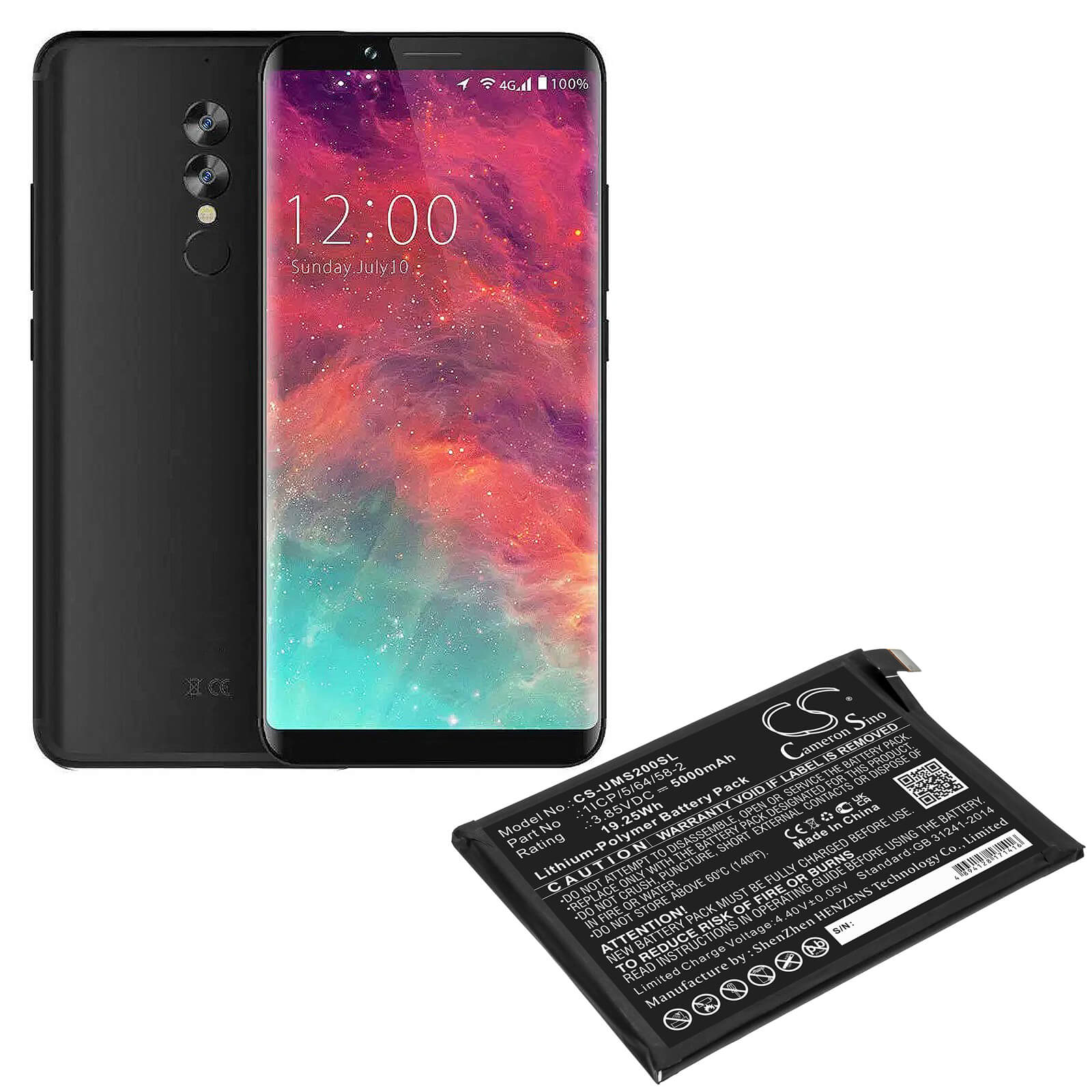 Li-Polymer Battery fits Umi, Umidigi S2 3.85V, 5000mAh / 19.25Wh Mobile & SmartPhone Cameron Sino Technology Limited
