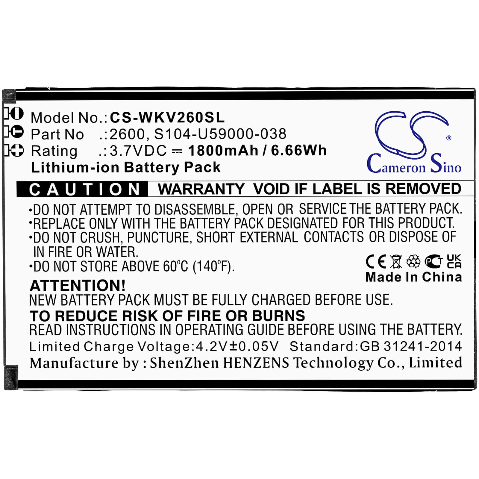 Li-ion Battery fits Wiko, Sunny 2 Plus, V2600 3.7V, 1800mAh / 6.66Wh Mobile & SmartPhone Cameron Sino Technology Limited
