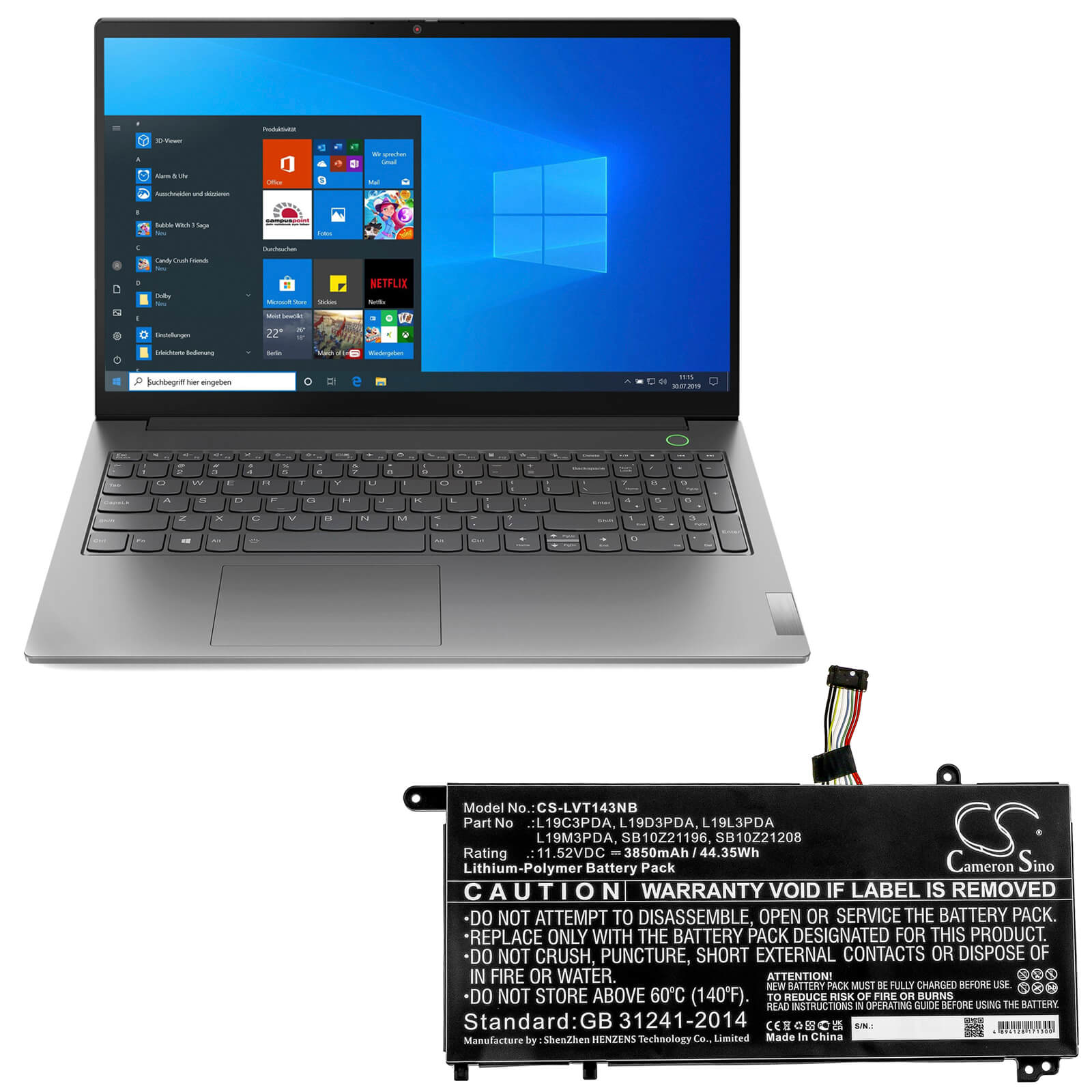Li-Polymer Battery fits Lenovo, Fru Tp1415 Lg, Thinkbook 14 G2 Itl 11.52V, 3850mAh / 44.35Wh Notebook & Laptop Cameron Sino Technology Limited