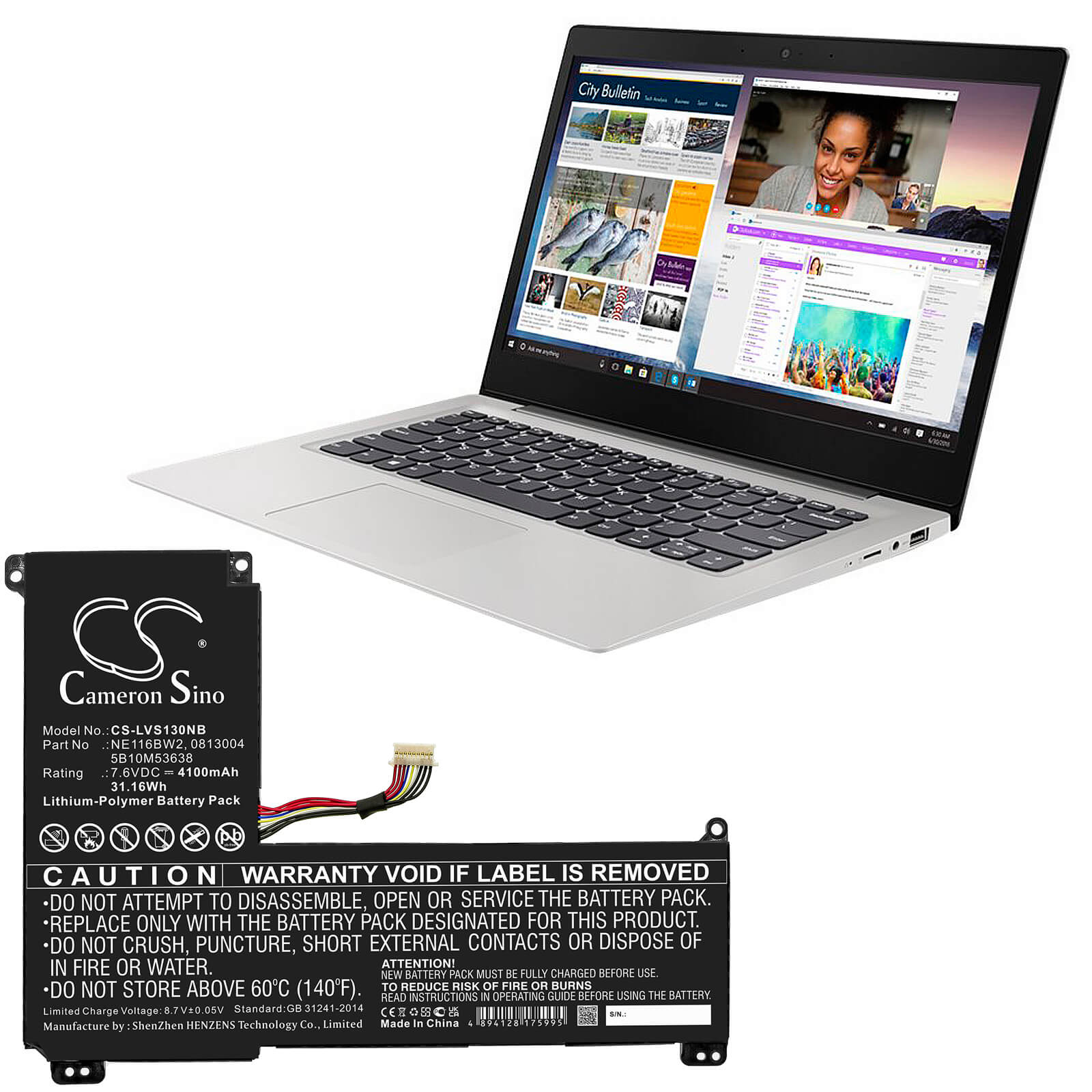 Li-Polymer Battery fits Lenovo, Ideapad 110s-11ibr, Ideapad 110s-11ibr (80wg) Seri 7.6V, 4100mAh / 31.16Wh Cameron Sino Technology Limited