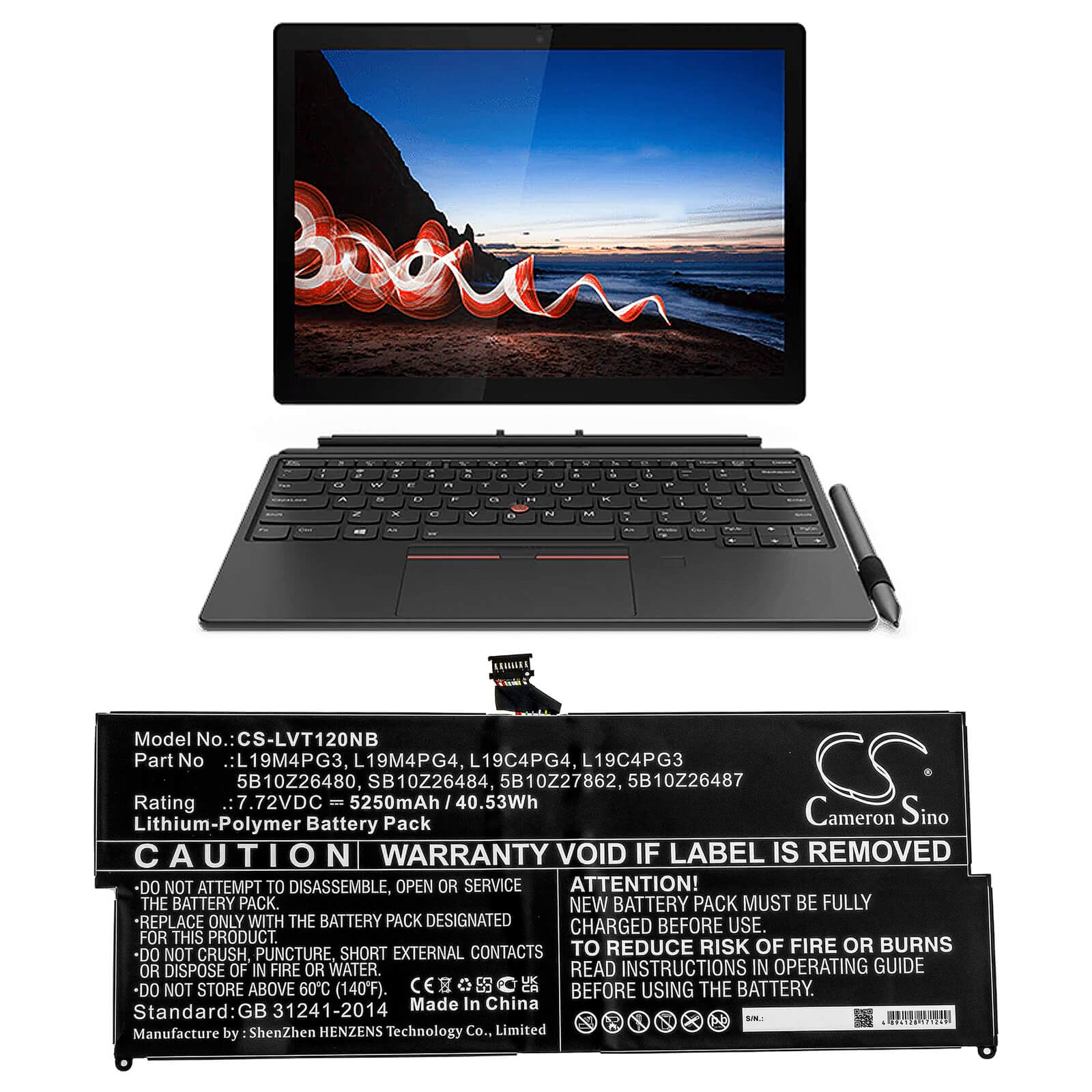 Li-Polymer Battery fits Lenovo, Thinkpad X12 Detachable 7.72V, 5250mAh / 40.53Wh Notebook & Laptop Cameron Sino Technology Limited